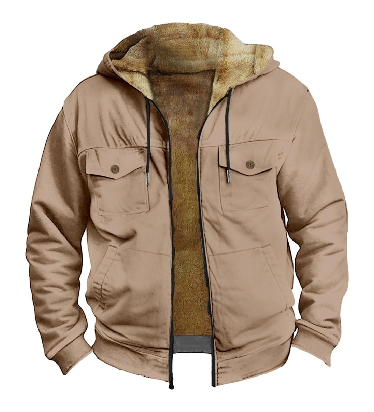 Hanxiulin Oversize Plush Jacket for Men | Warm Lined Fleece Cardigan Light Quilted Coat with Hood - Beige XXL - Buy Online on GoSupps.com