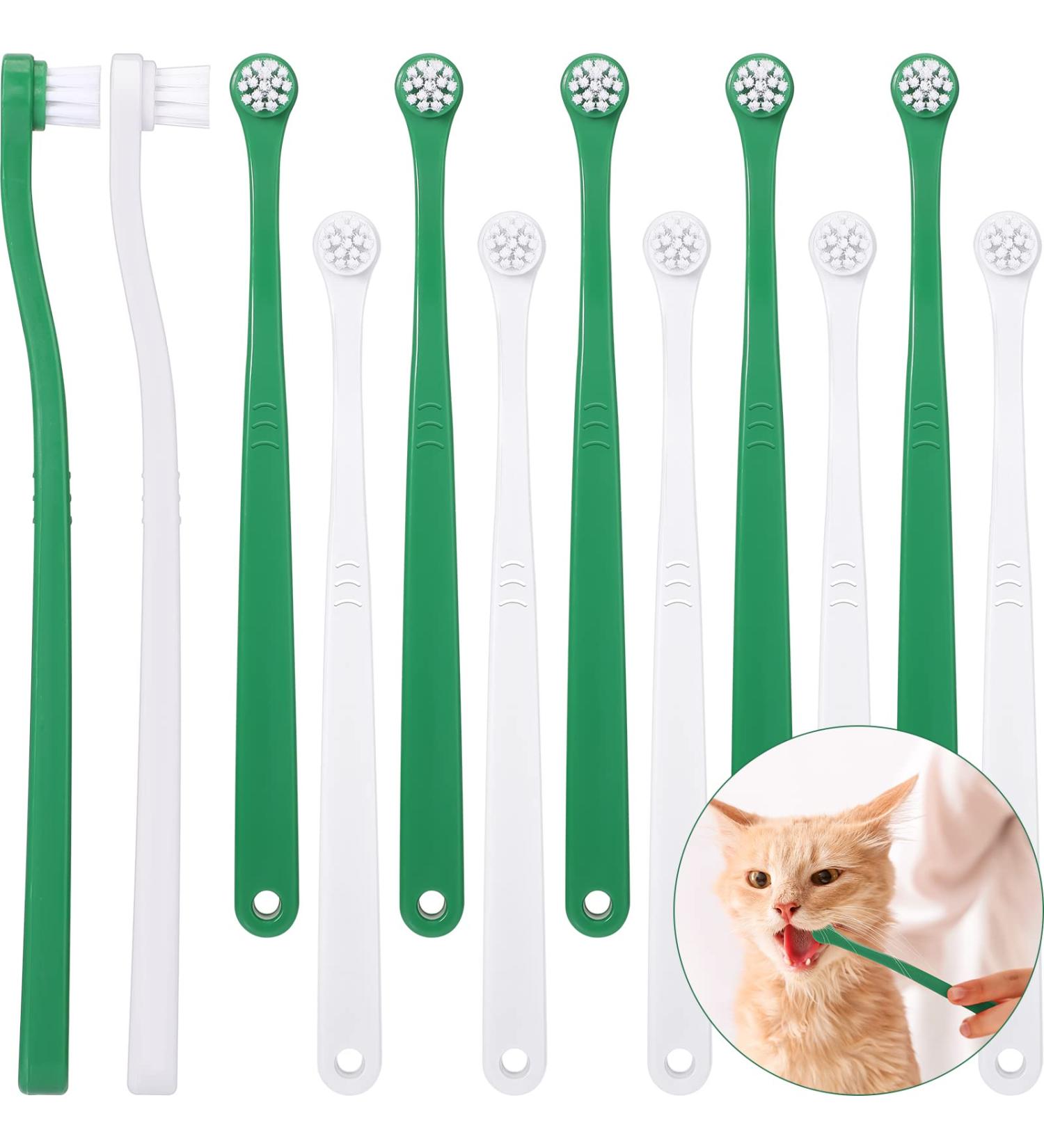 12 Pack Cat Toothbrush for Small Dogs | Soft Bristles Gentle Pet Dental Care | Long Handle Mini-Head 2 Colors - Green & White - Buy Online on GoSupps.com