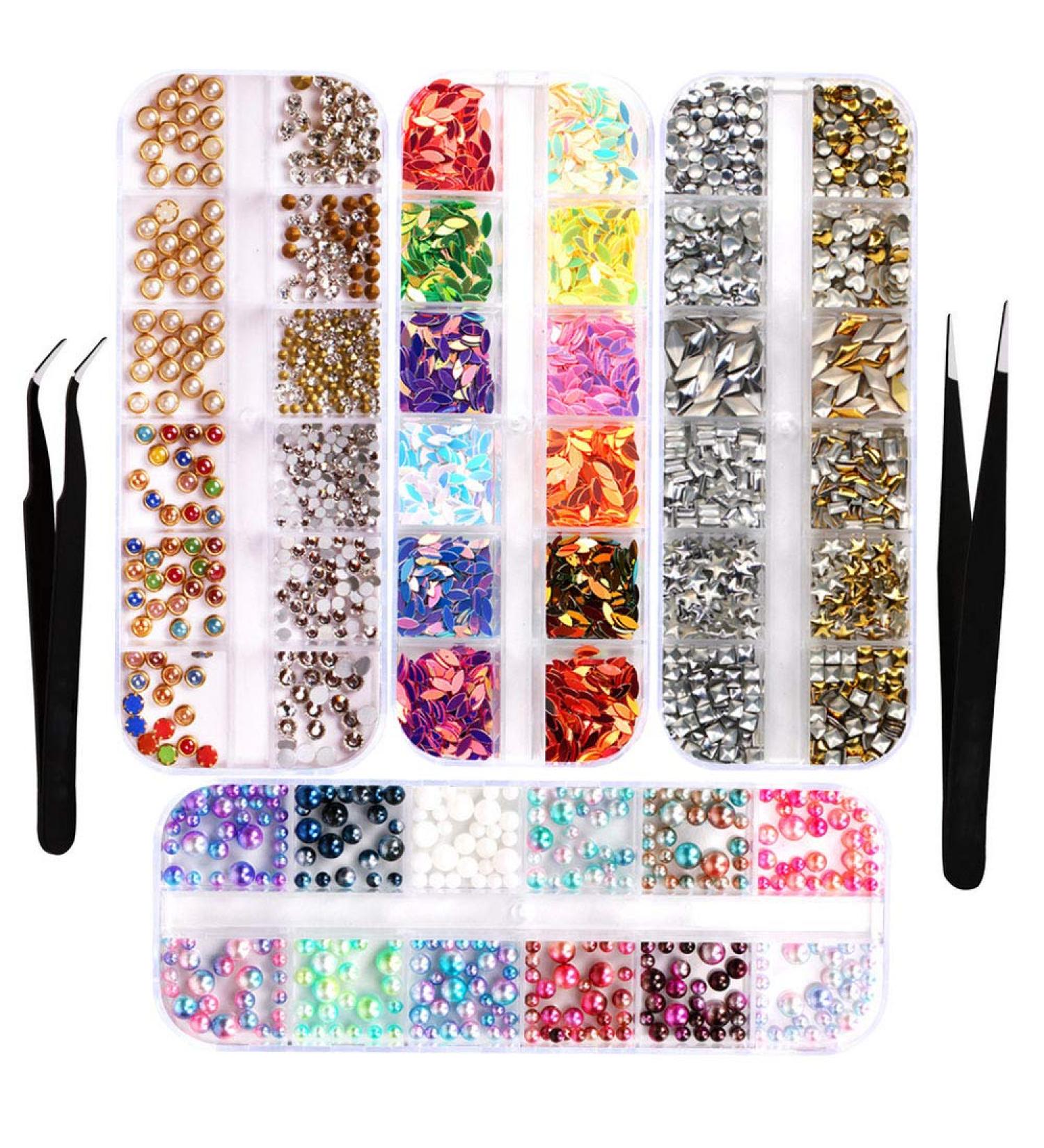 Zasiene Nail Art Rhinestones Kit - 4 Box Glitter Sequin Set & Crystals for Stunning Nail Decorations with 2 Tweezers - Buy Online on GoSupps.com