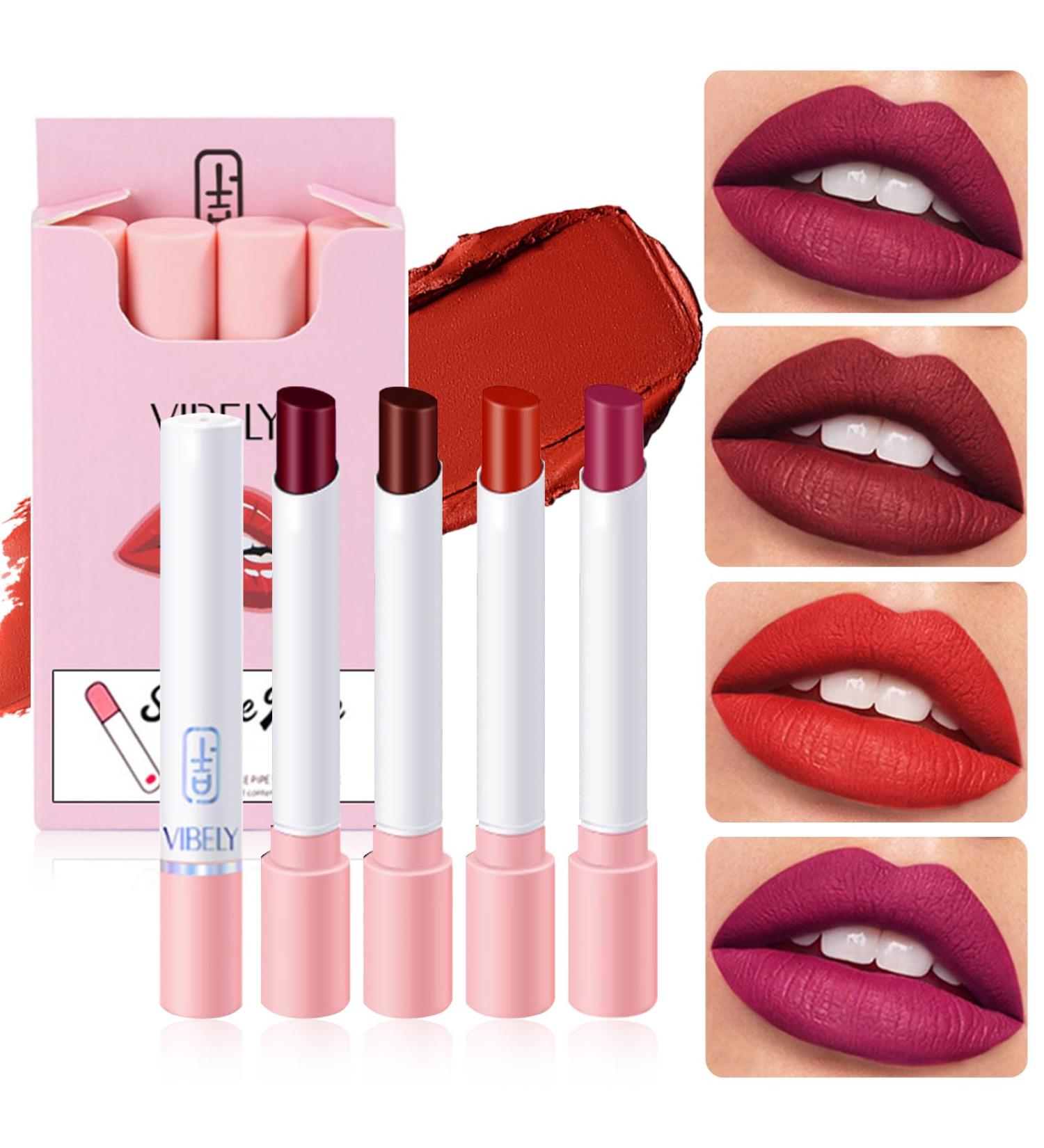  EONFAVE 24 Hours Lipstick 4 Colors Waterproof Matte Velvet Non Adhesive Cigarette Case Silky Texture Highly Pigmented Lipstick for Women Girls - Buy Online on GoSupps.com