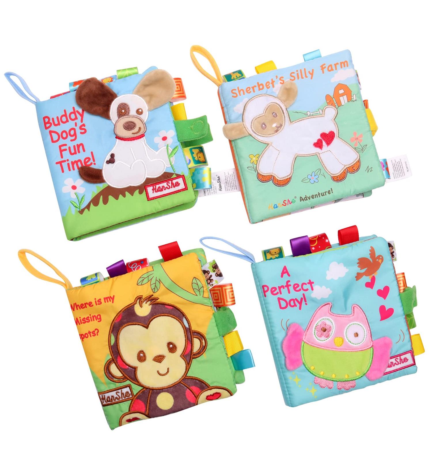 HanShe Baby Soft Cloth Book Set - High Contrast Crinkle Book 4 PCS for 0-6 Months | Educational Learning Toy for Infants | Fabric Baby Activity Book for Boys and Girls | Yellow - Buy Online on GoSupps.com