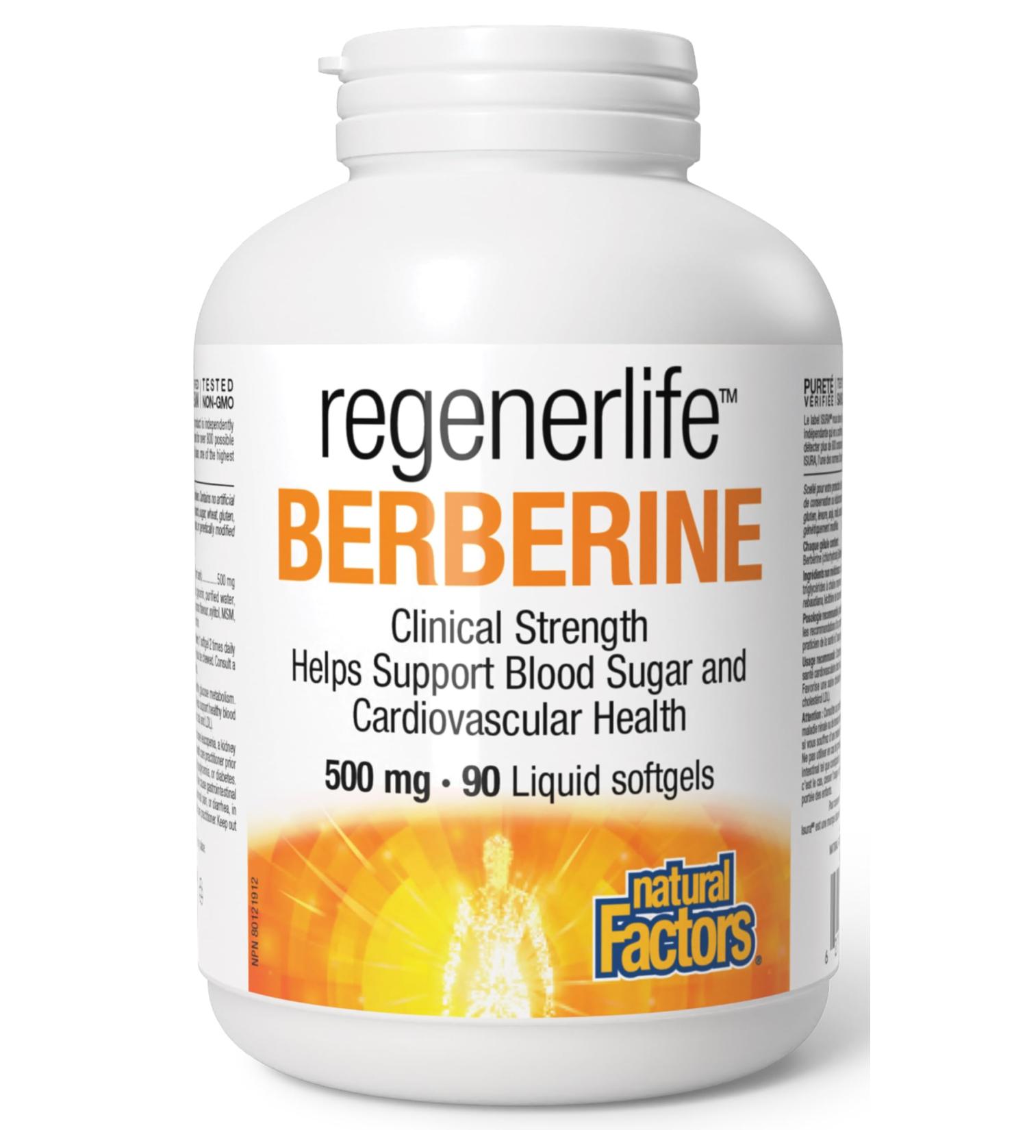 Natural Factors Regenerlife Berberine 500mg 90 liquid softgels Clinical Strength Helps Support Blood Sugar and Cardiovascular Health - Buy Online on GoSupps.com
