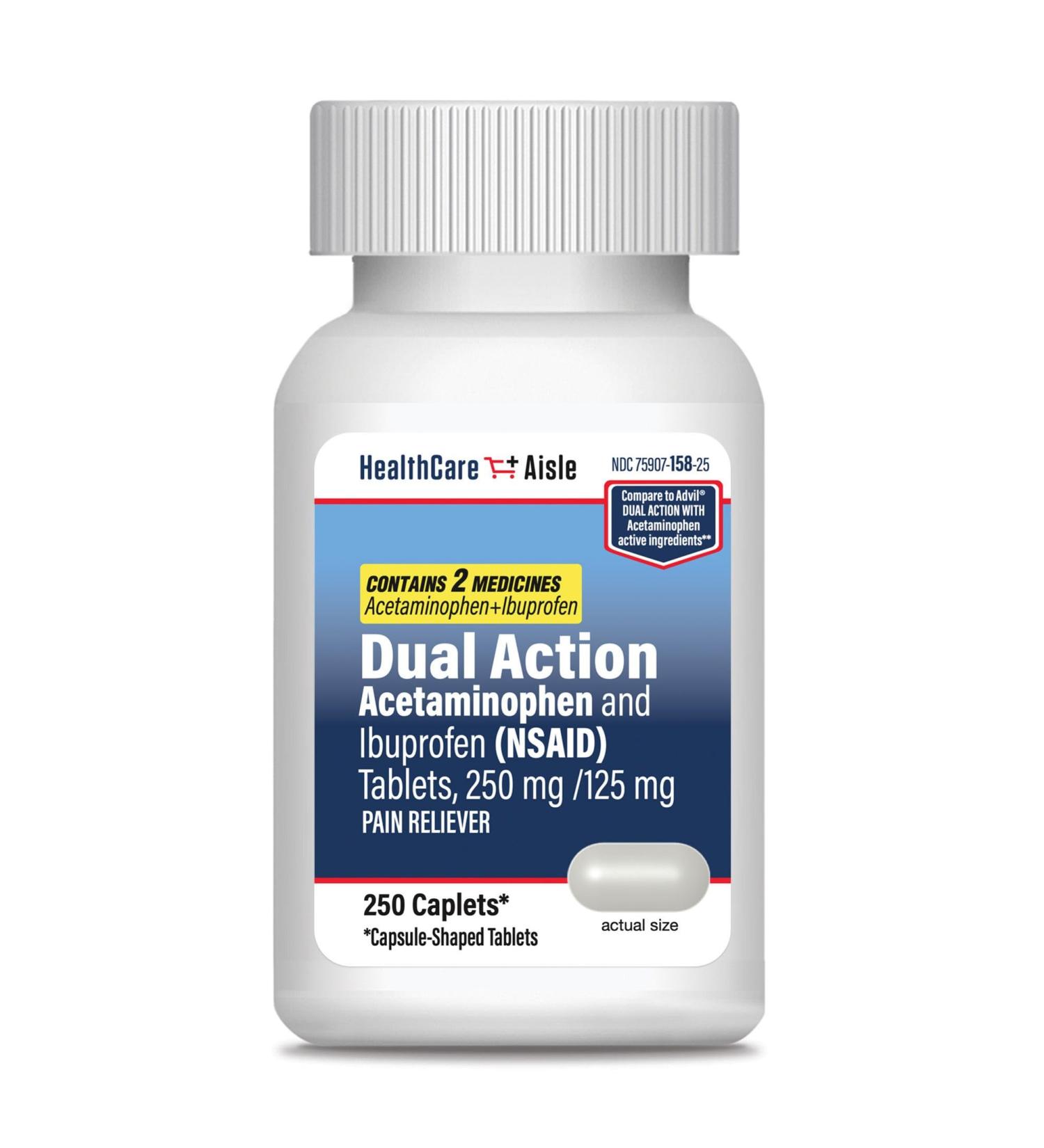 HealthCareAisle Dual Action Acetaminophen and Ibuprofen (NSAID) Tablets 250 mg /125 mg Pain Reliever - 250ct Caplets 250 Count - Buy Online on GoSupps.com