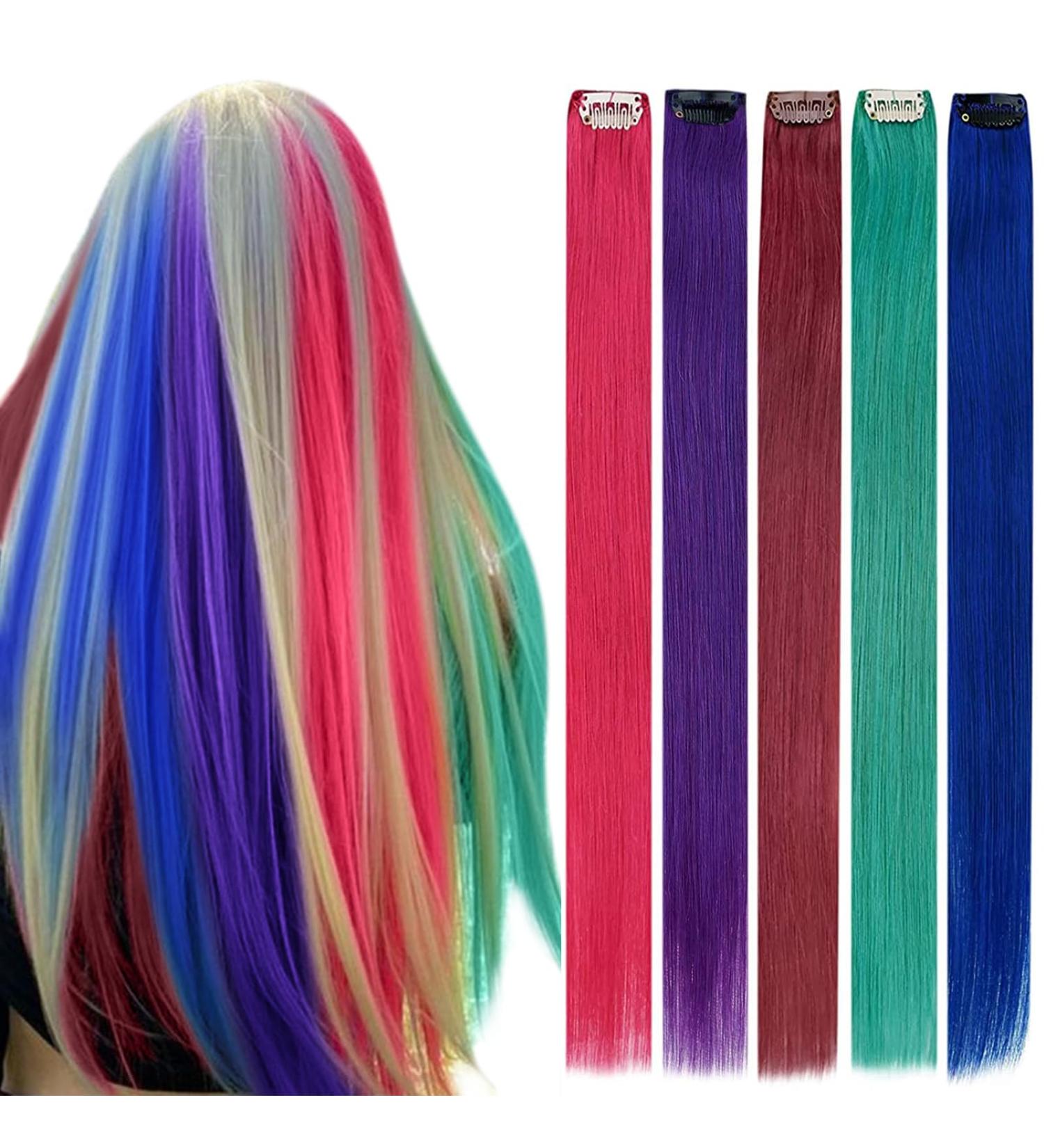 Buy Runature Colorful Clip-In Hair Extensions (Blue Red Pink Purple Teal) - 50cm Real Hair 5pcs Smooth Lightweight - Shop Now! - Buy Online on GoSupps.com