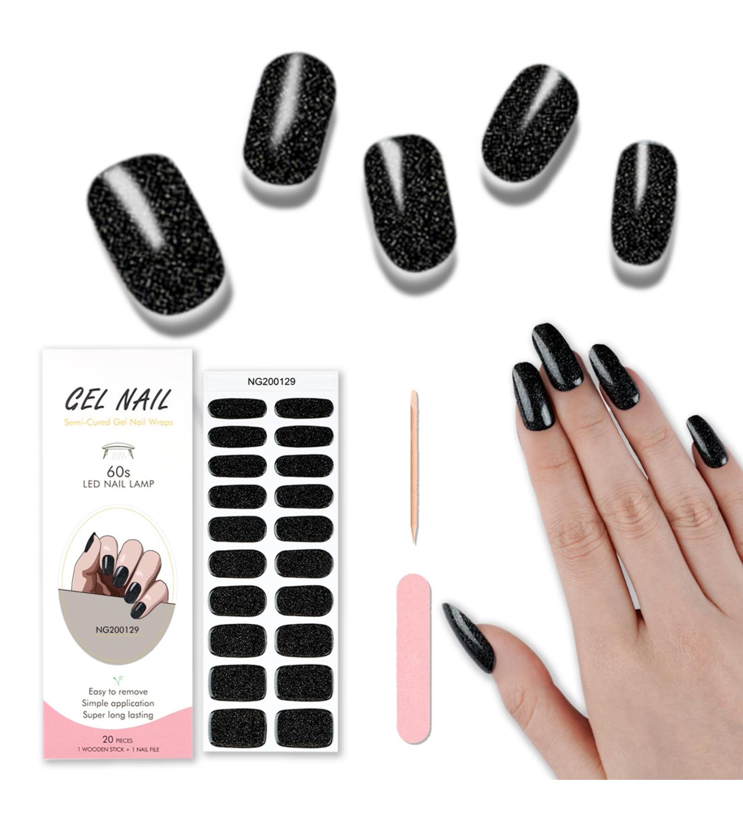Semi Cured Gel Nail Strips - 20 Pcs Black Glitter Gel Nail Wraps for Salon-Quality Manicure - Long Lasting & Easy to Apply/Remove - Includes Nail File and Cuticle Stick - Buy Online on GoSupps.com
