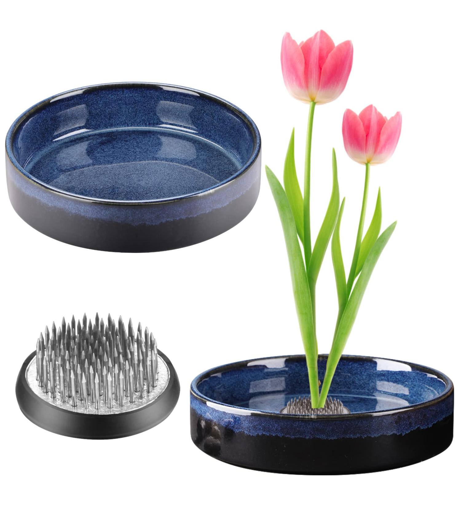 Justdolife Flower Frog Vase - Ceramic Ikebana Vase Kit for DIY Arrangements - Blue Floral Pin Holder - Buy Online on GoSupps.com