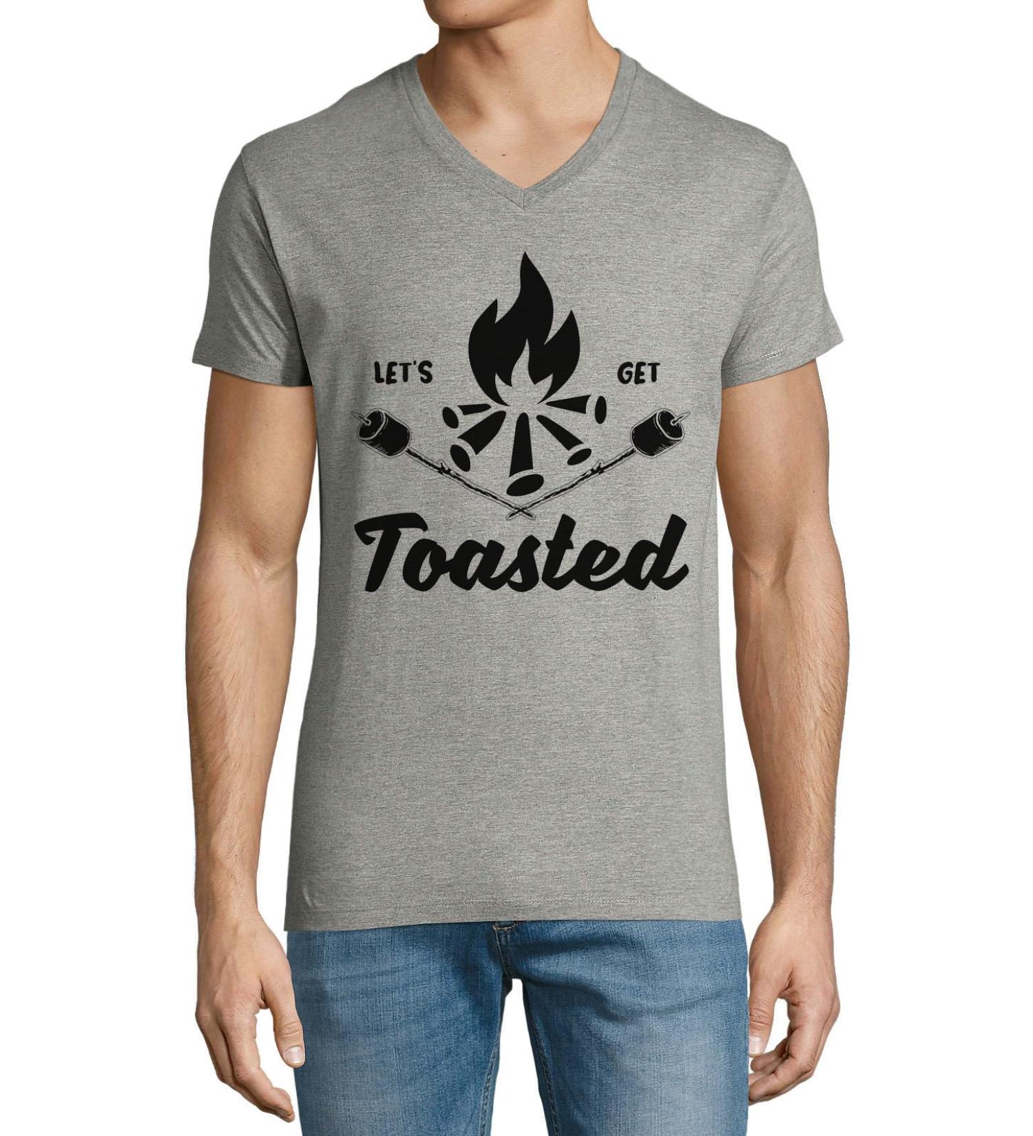 Atspauda Let's Get Toasted Funny Campfire Grilling Marshmallow Graphic Men's Cotton V-Neck T-Shirt Gray XL Gray