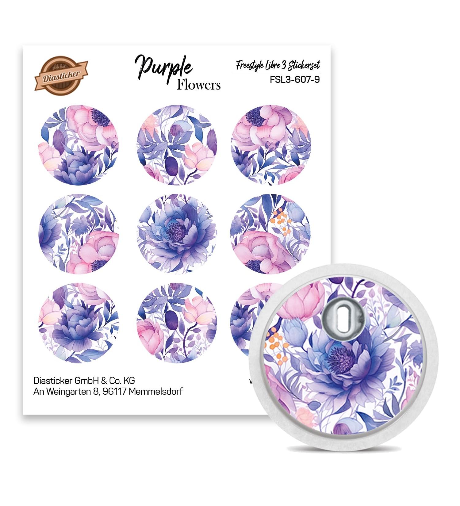 FreeStyle Libre 3 Sensor Sticker - Set of 9 "Purple Flowers" - Stickers for sensors | Diasticker