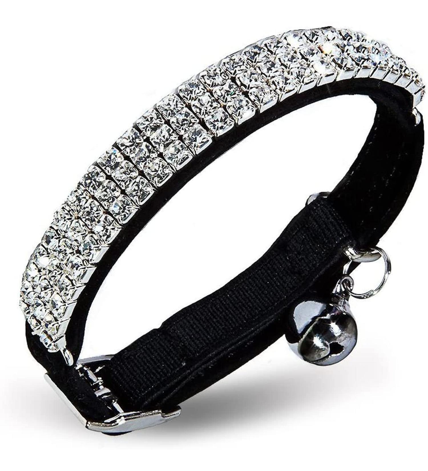 HUKCHI Soft Velvet Adjustable Cat Collar with Bells, 11 inch (Black) - Bling Diamante for Small Dogs & Cats - Buy Online on GoSupps.com