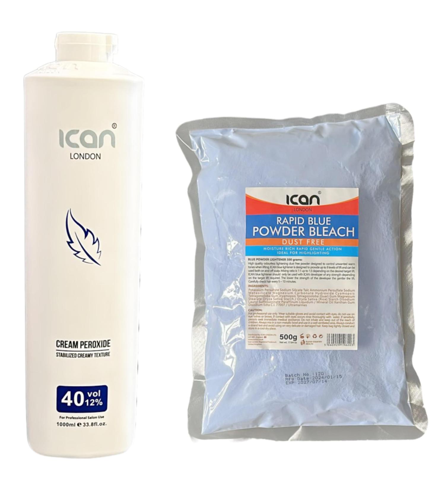ICAN LONDON PROFESSIONAL CREAM PEROXIDE 40 VOL 12% 1000 ML + DUST FREE BLUE POWDER BLEACH 500 G SET - Buy Online on GoSupps.com