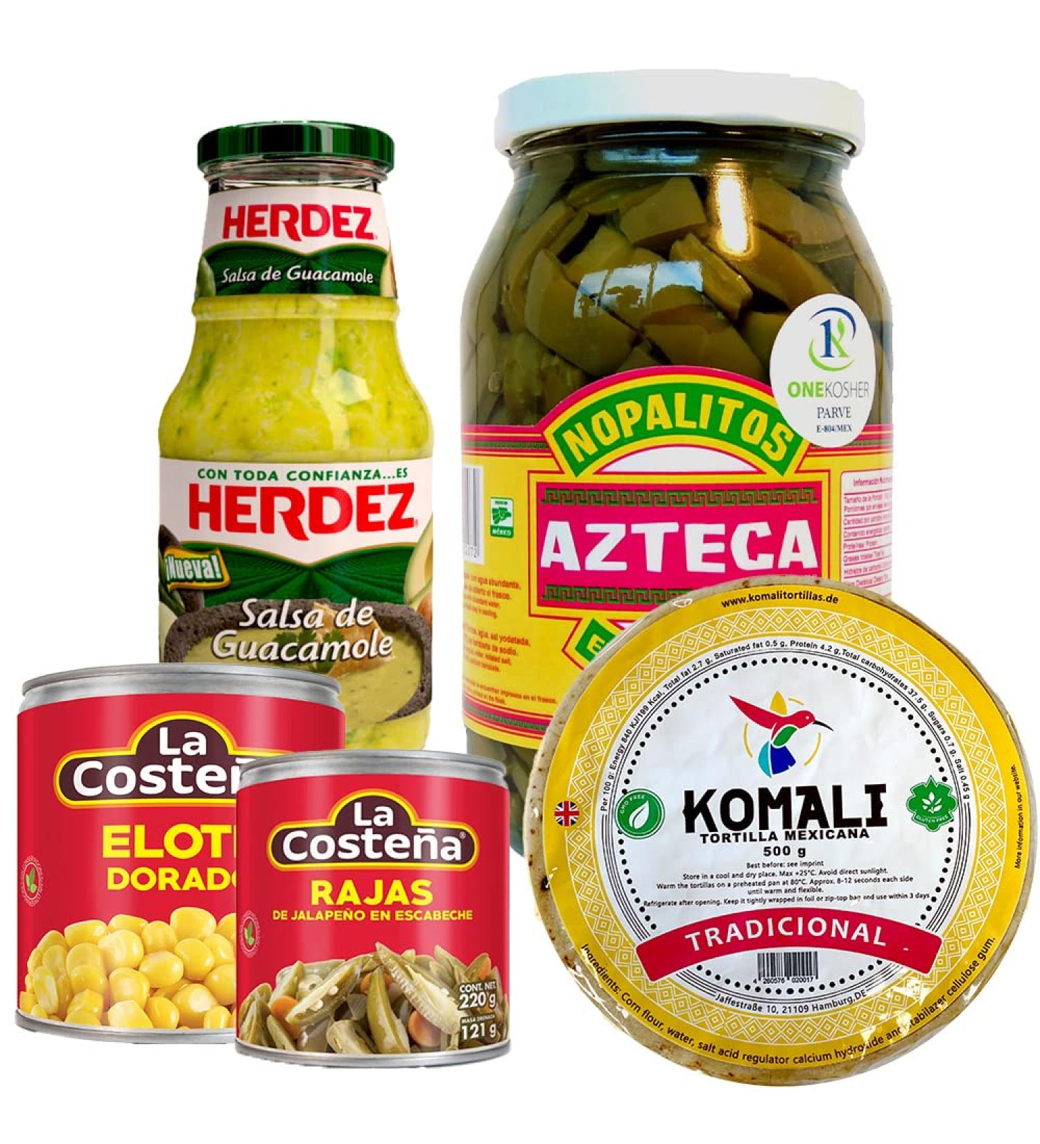 Cactus Taco Kit/Mexican Tacos Kit with Pickled Cactus Strips Tortilla Wraps Sliced Canned Chillies Sweetcorn and Salsa Verde with Avocado - Buy Online on GoSupps.com