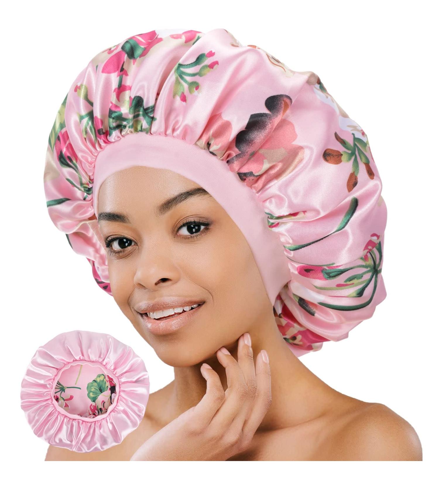 Luvruitaky X-Large Pink Flower Silk Bonnet for Sleeping | Adjustable Wide Band | Double Layer Satin Bonnet for Curly Braid Hair - Buy Online on GoSupps.com