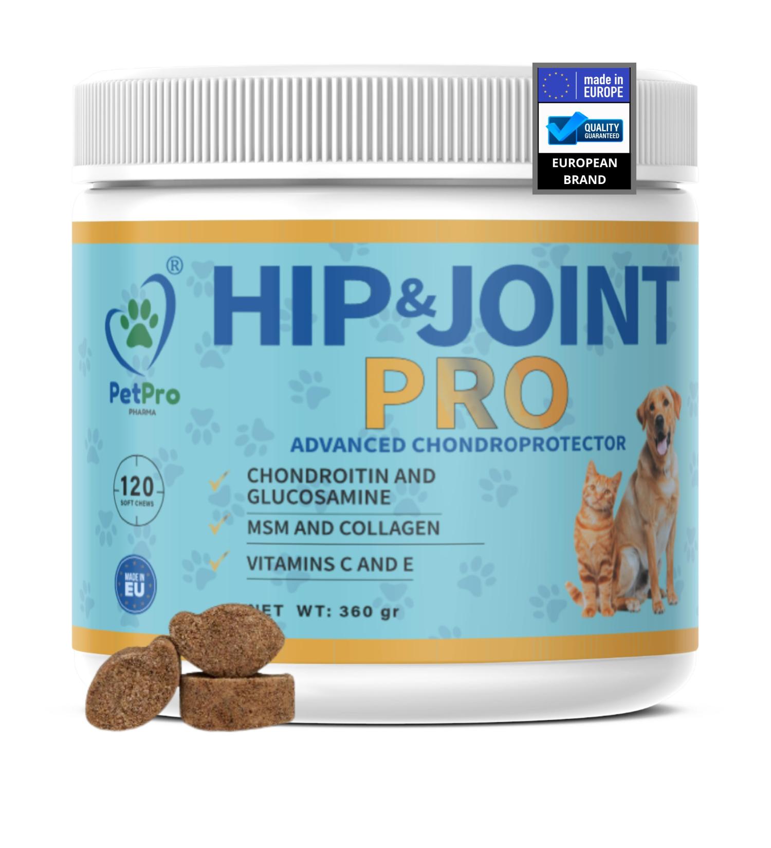 PetPro PHARMA - Hip & Joint Pro - Anti-inflammatory Supplement for Hips and Joints of Dogs and Cats. 120 chewable tablets with MSM glucosamine chondroitin and collagen. 360 g. - Buy Online on GoSupps.com