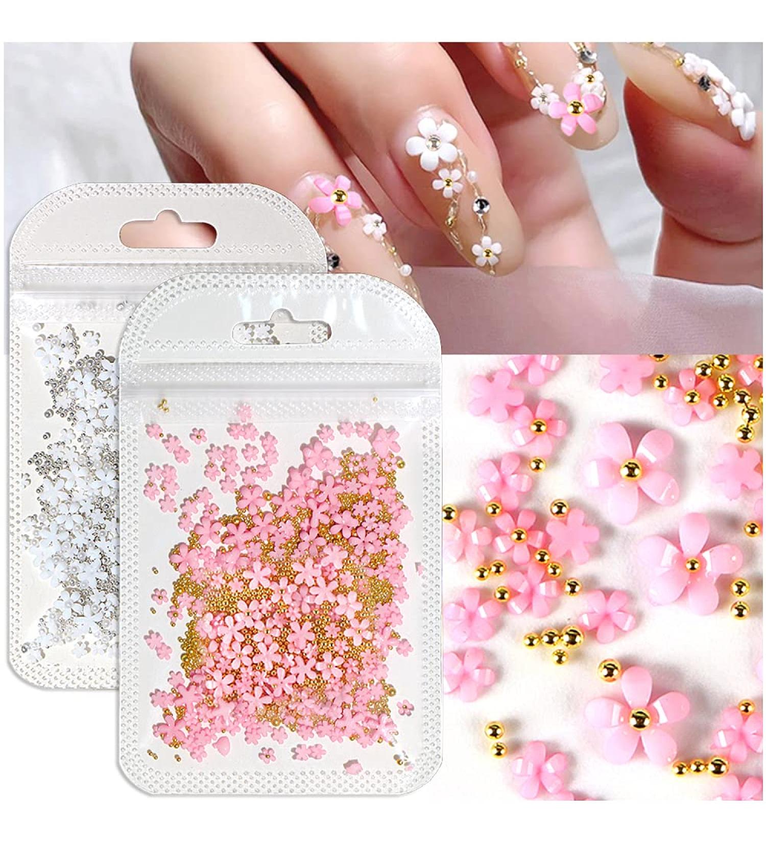 Dornail White Pink 3D Acrylic Flower Nail Charms with Pearl & Golden Caviar Beads - Nail Art DIY Decorations - Buy Online on GoSupps.com