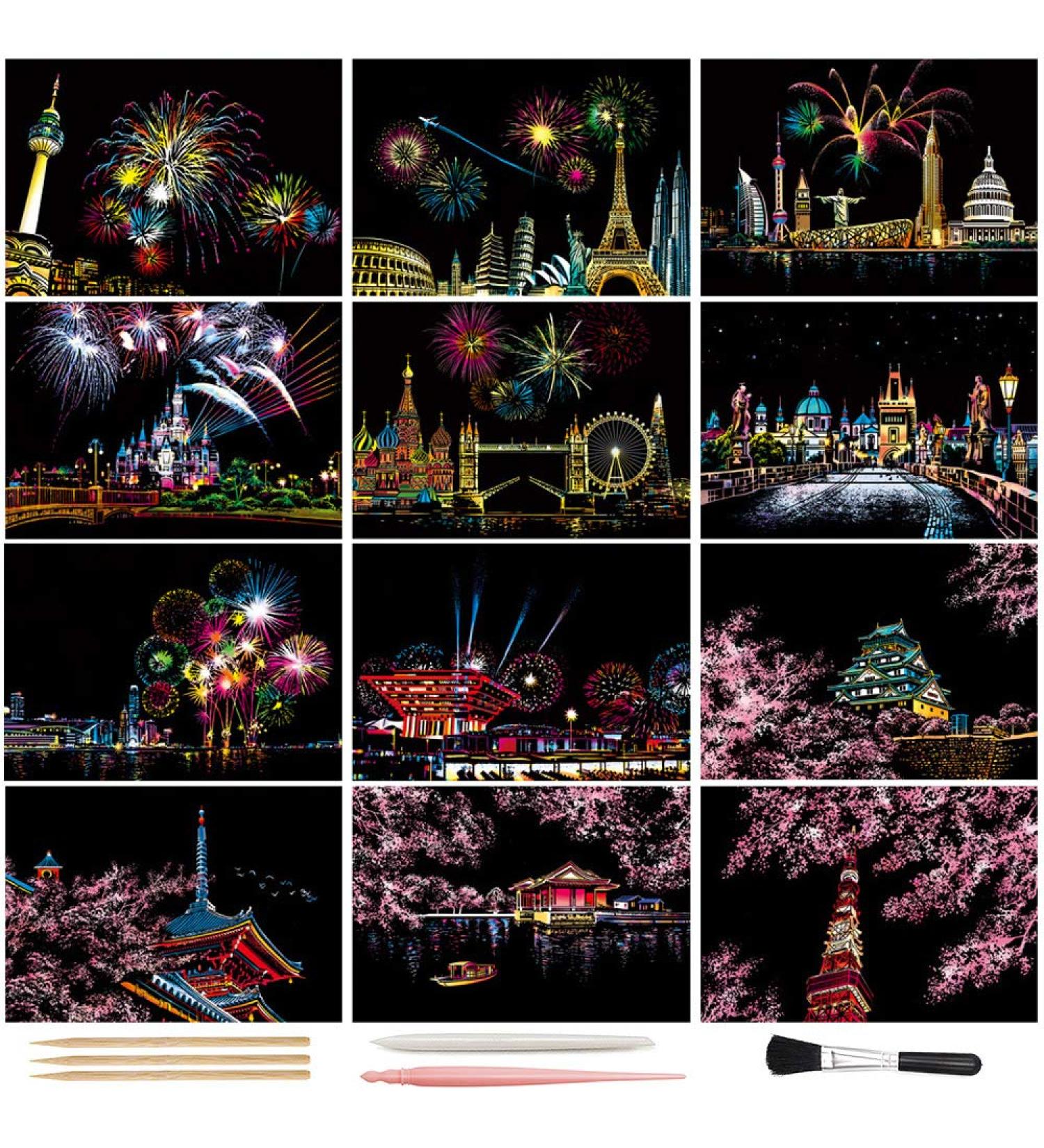 Magic Scratch Art Paper 7.9x5.5 - Rainbow Landscape Engraving DIY Crafts Set for Adults & Kids - 12 Sheets Scratch Postcards, Drawing Pens & Tools - Fireworks Series - Buy Online on GoSupps.com