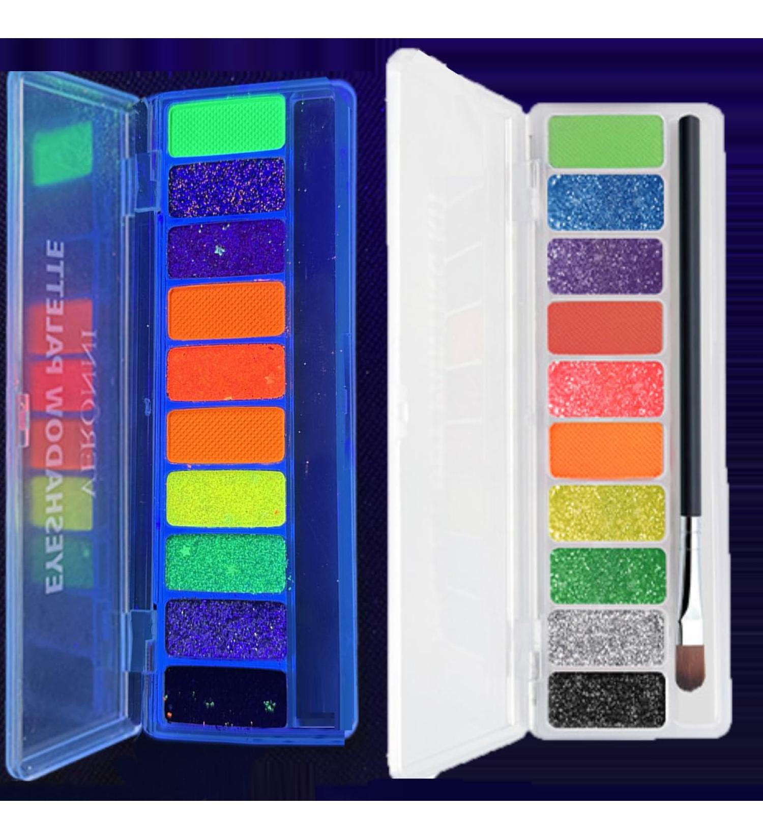 Lot de 10 fards paupi res fluorescents paillettes fluorescentes - N on UV - Mat - Paillettes color es et cr meuses - Avec pinceau - Brillance sous lumi re UV - Buy Online on GoSupps.com
