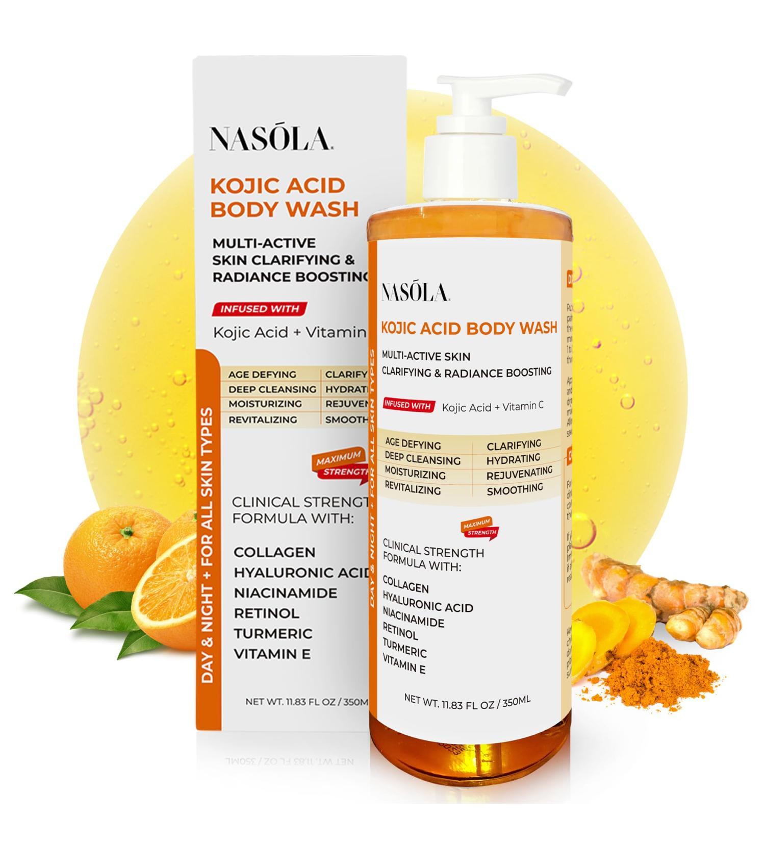 Nasola Kojic Acid Body Wash Turmeric & Vitamin C Brightening Cleanser Moisturizing Exfoliating Shower Gel for Women & Men 11.8 fl oz - Buy Online on GoSupps.com