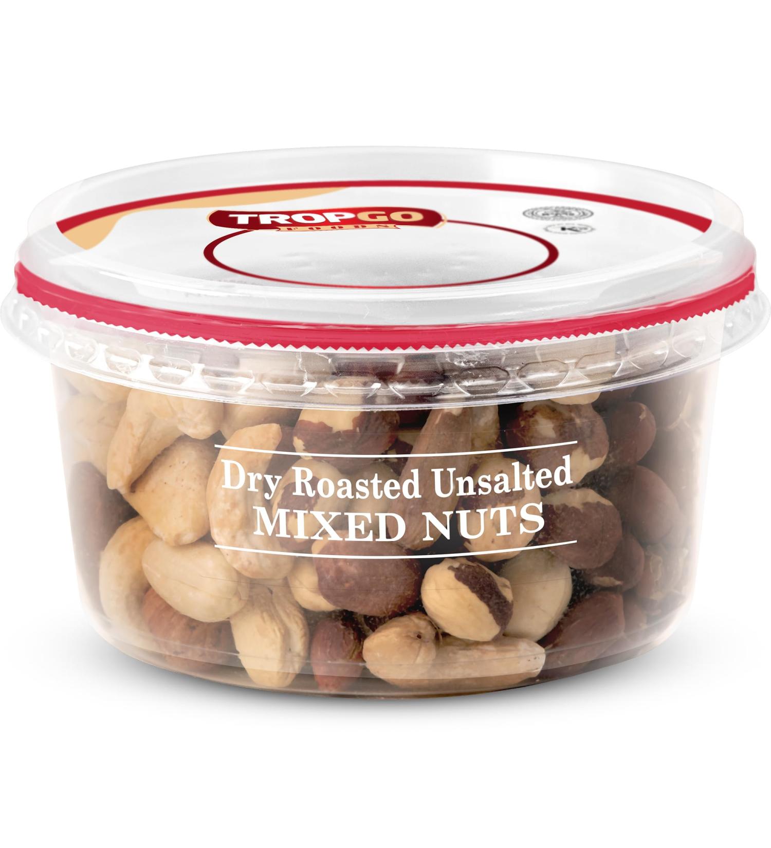 Tropgo Dry Roasted Unsalted Mixed Nuts 190g - Nuts in Resealable and Recyclable Tub - Wholesome Trail Mix with Fibre Protein and Essential Minerals - Healthy Snacks for All Ages - Buy Online on GoSupps.com