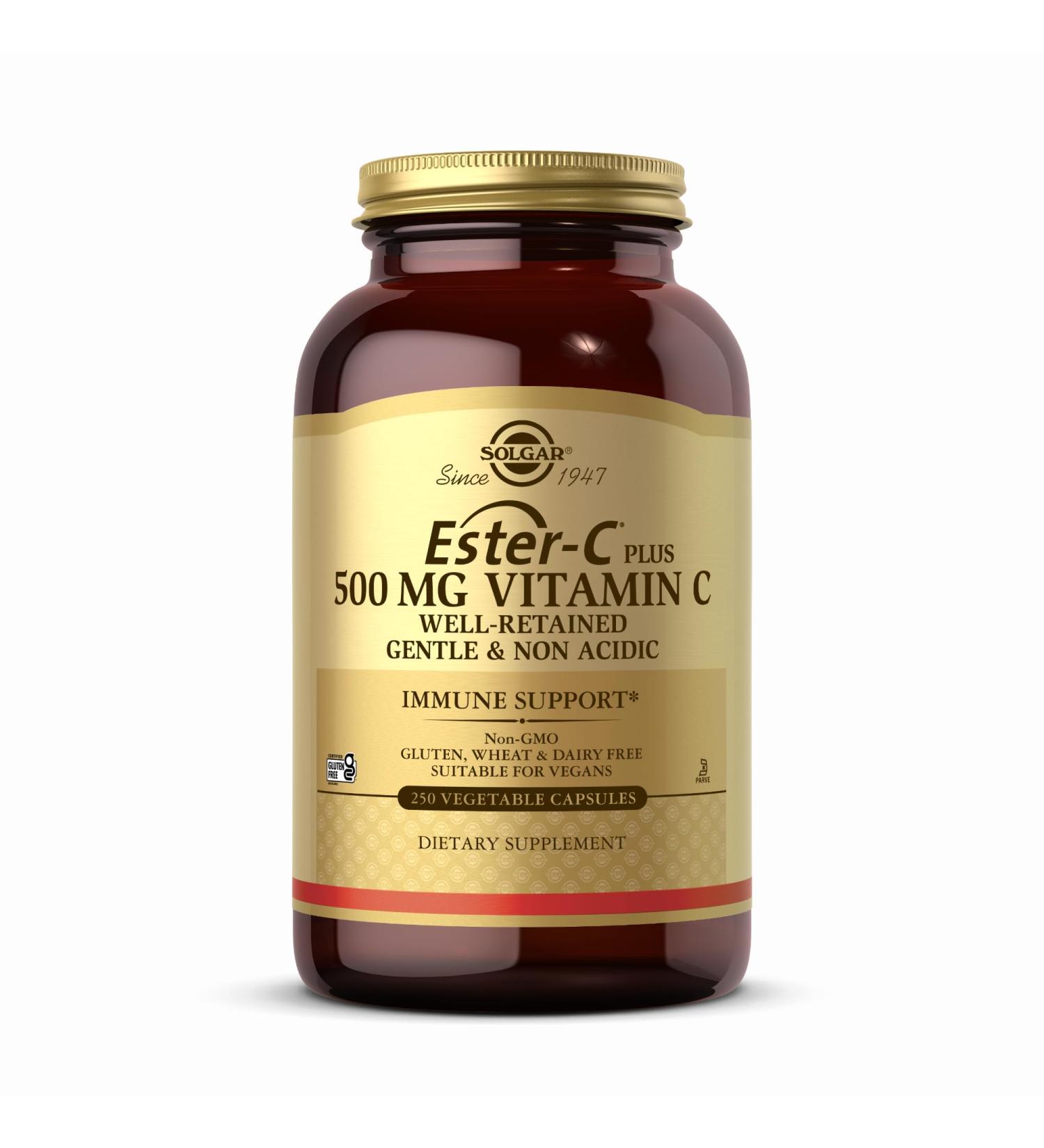 Solgar Ester-C Plus 500 mg Vitamin C (Ascorbate Complex) - 250 Vegetable Capsules - Gentle & Non Acidic - Antioxidant & Immune Support - Non GMO Vegan Gluten Free Kosher - 250 Servings 250 Count (Pack of 1) - Buy Online on GoSupps.com
