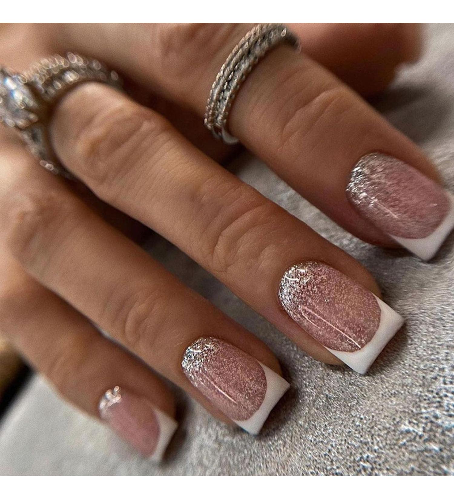 French False Nails Square 24Pcs White Glitter French Nail Tips Press On with Nail Glue, Acrylic Stick for Women & Girls - Nail Art - Buy Online on GoSupps.com