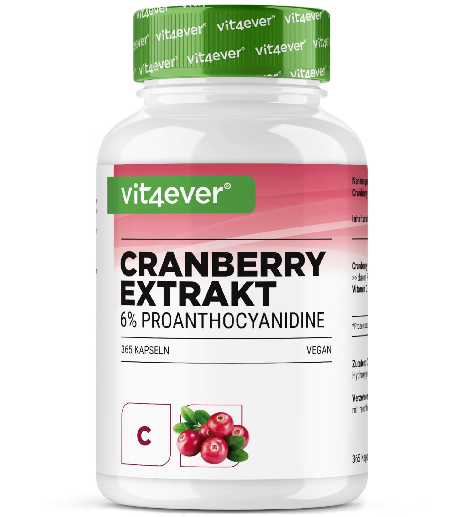 Extrait de canneberge + Vitamine C 365 g lules de canneberge Extrait 25:1 quivalent 25.000 mg 6% proanthocyanidines Hautement dos sans additifs ind sirables v gan - Buy Online on GoSupps.com