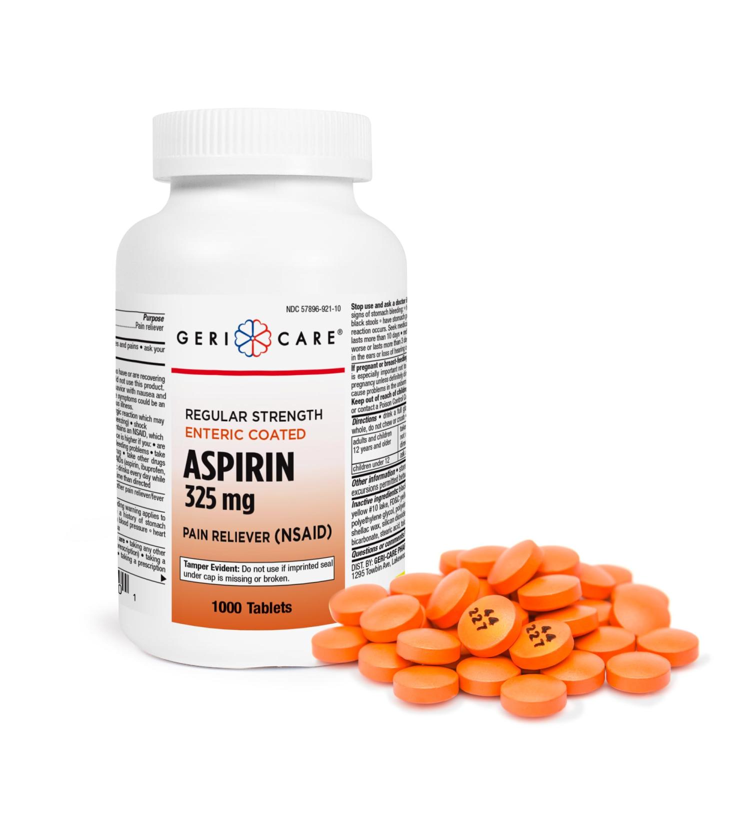 GeriCare Enteric Coated Aspirin Tablets 325mg (1000 Count) NSAID Pain Reliever & Fever Reducer for Adults- Regular Strength Aspirin for Headache Arthritis Menstrual & Muscle Pain - Buy Online on GoSupps.com