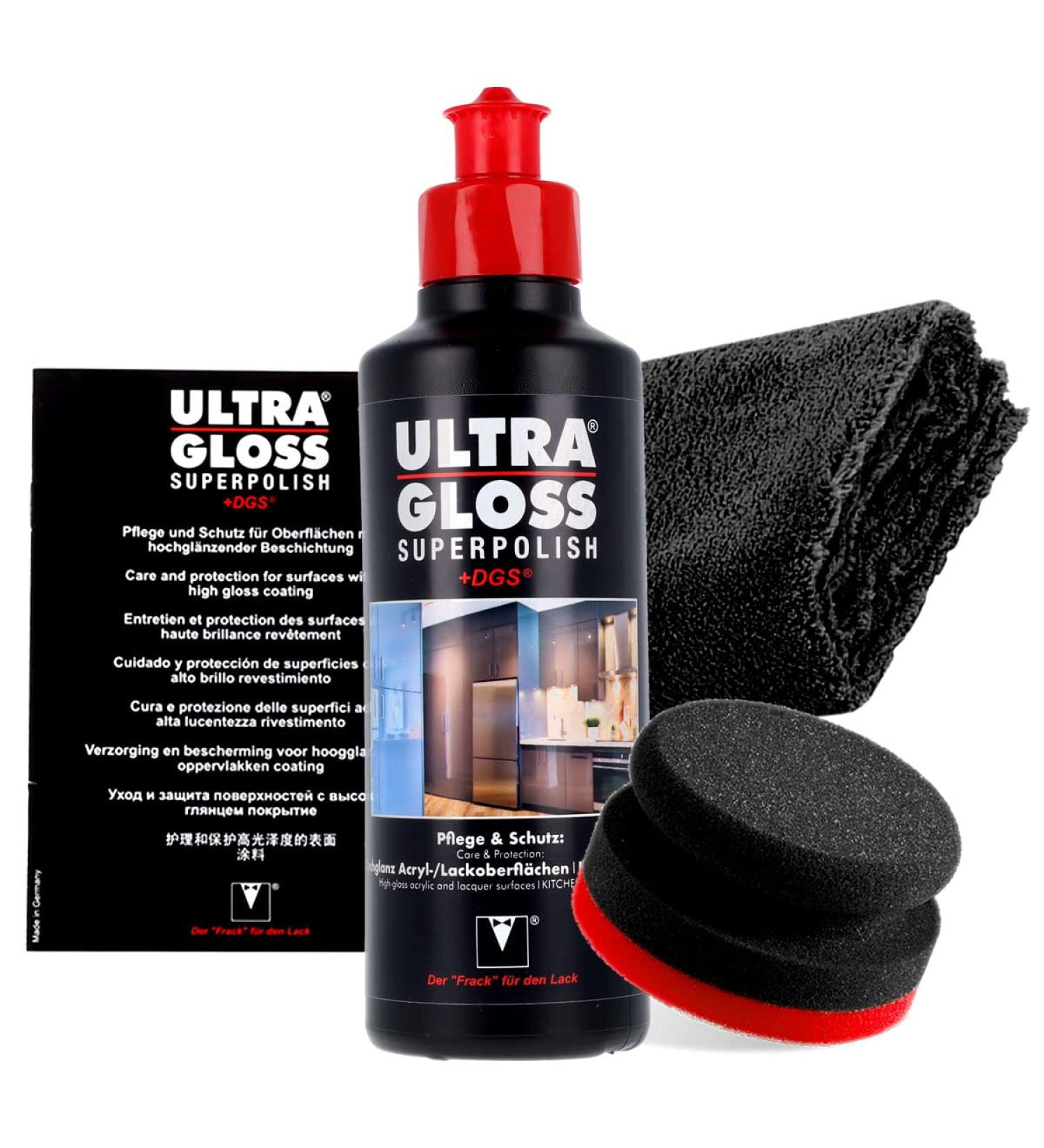 Ultra Gloss Superpolish Bundle - 0.25L Kitchen Polish Booklet 550GSM Cloth & Garage Freaks Pad - Care for High Gloss Acrylic & Lacquer Surfaces - Buy Online on GoSupps.com