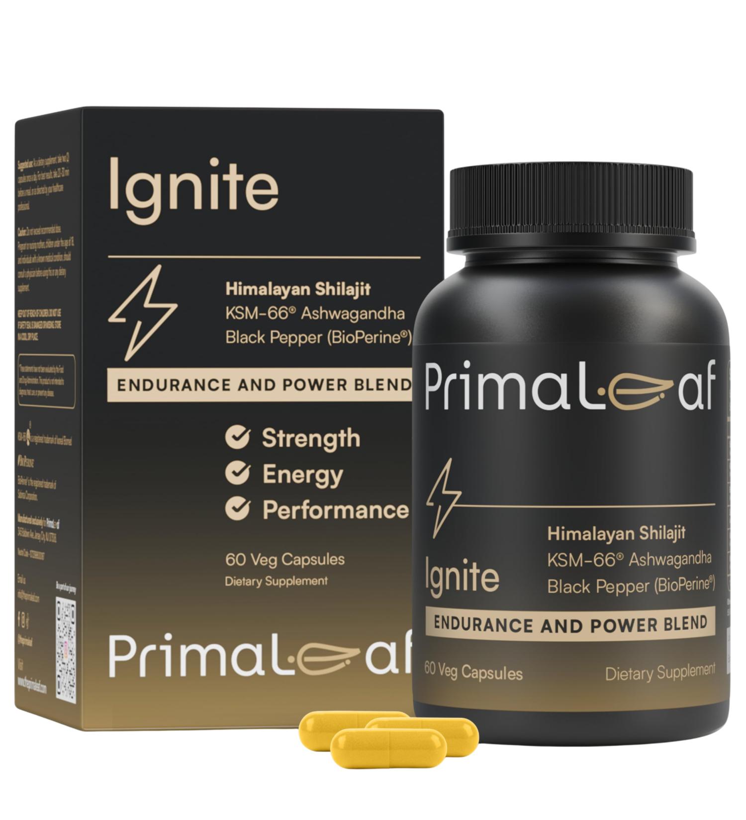 PrimaLeaf Ignite Energy & Performance Supplement | Natural Energy Booster with Himalayan Shilajit KSM66 Ashwagandha & Zinc | Stamina Muscle Recovery & Endurance Support | 60 Veg Capsules - Buy Online on GoSupps.com