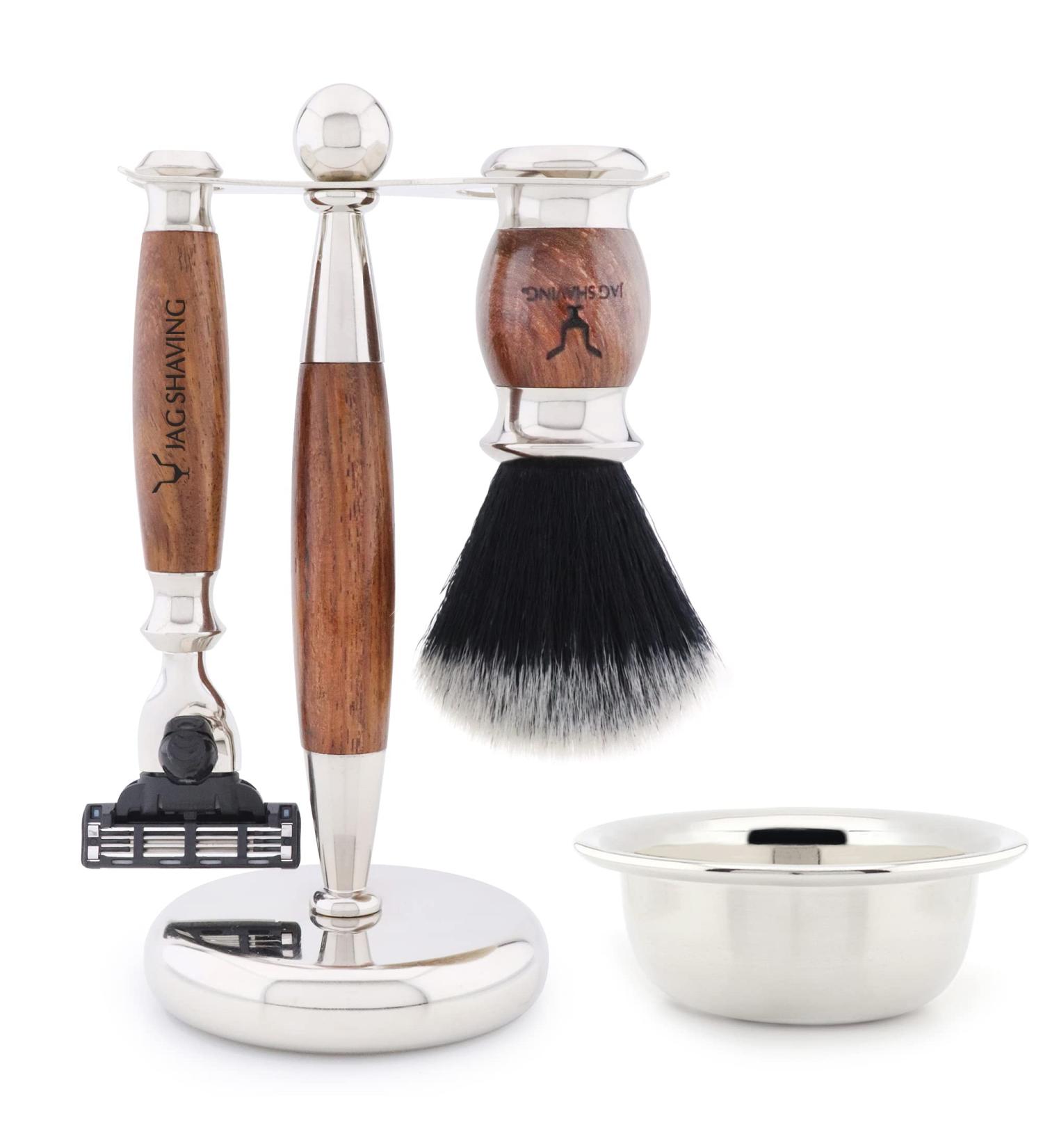 JAG Shaving Sarice Set 4-in-1: Luxury Men's Razor Brush Set with Synthetic Black & White Tip 3 Blades Shaving Rack & Bowl - International Shipping Available - Buy Online on GoSupps.com