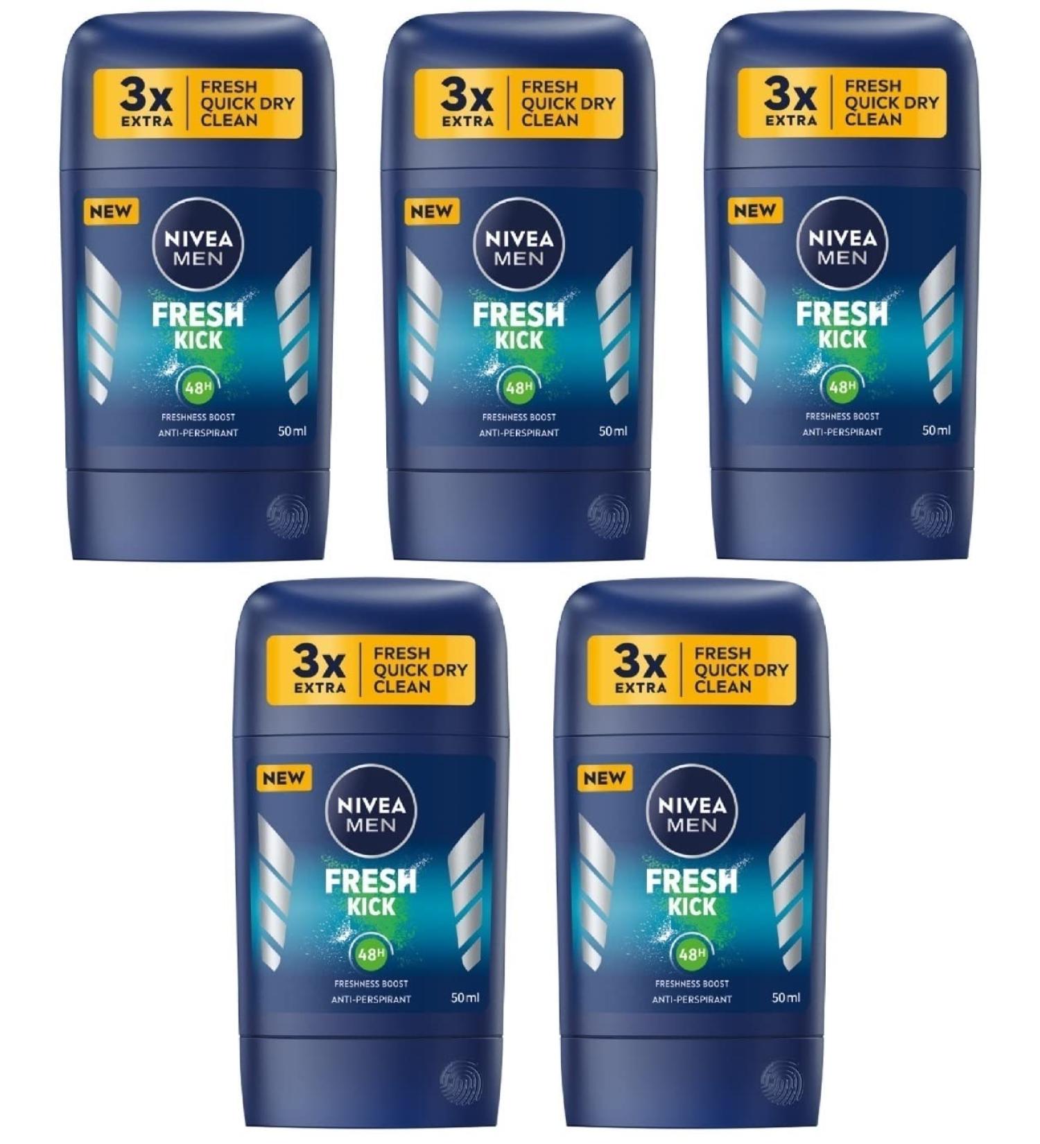 5x Nivea Fresh Kick Deodorant Solid Stick for Men 5x50ml (Pack of 5)