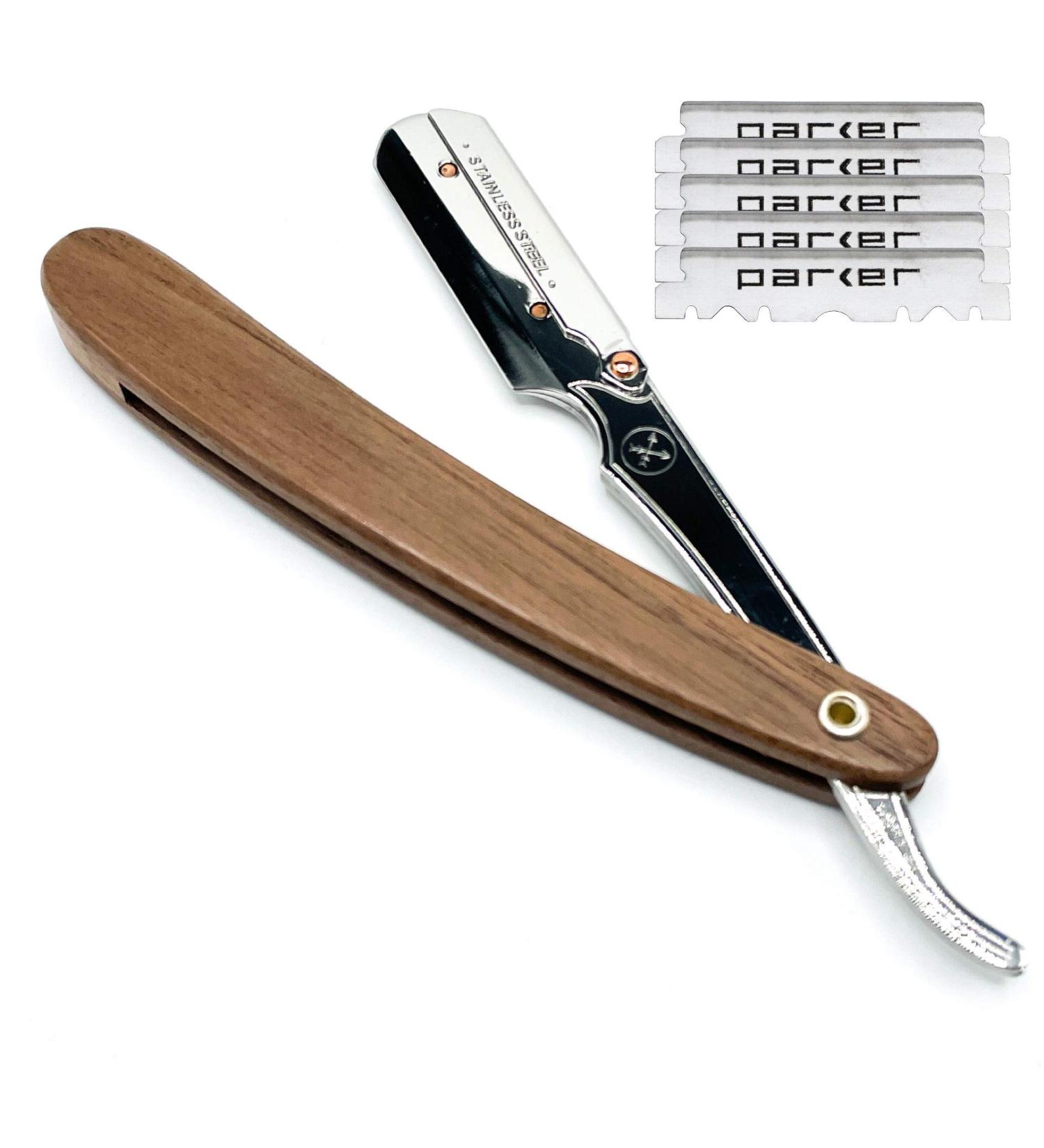 Parker Walnut Wood Handle Barber Straight Razor for Men + 5 Blades - Buy Online on GoSupps.com