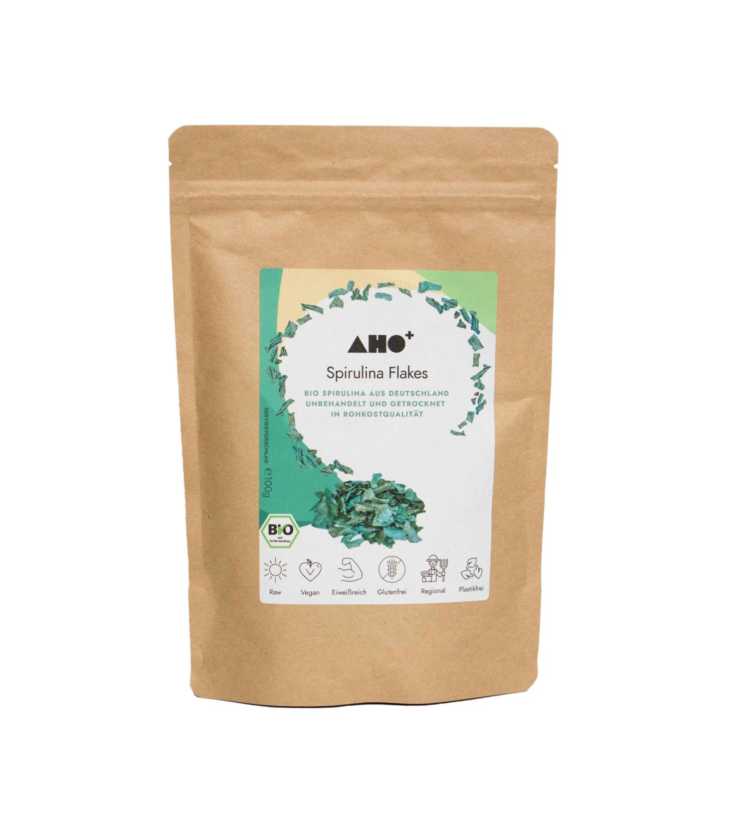 AHO Spirulina Flakes from organic farming in Germany - Organic spirulina rich in protein from Germany - Source of chlorophyll in smoothies as well as salads - Buy Online on GoSupps.com