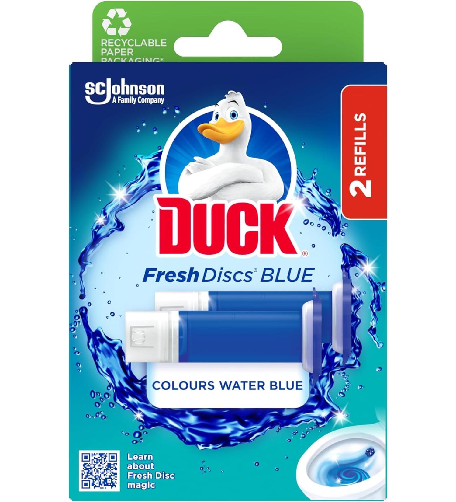 Duck Fresh Discs Blue Toilet Cleaner Twin Pack Refills Sanitising & Descaling Toilet Bowl Gel Kills Germs and Bacteria Colours Water Blue 72ml - Buy Online on GoSupps.com