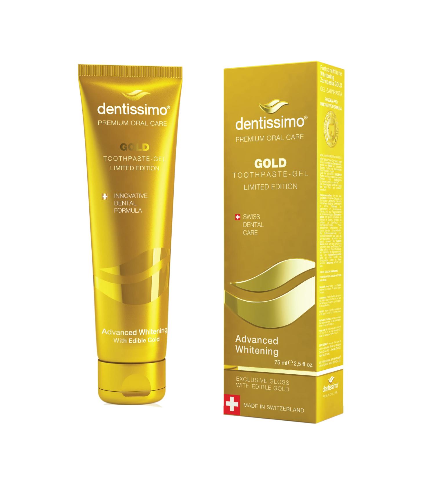 Dentissimo Gold Advanced Whitening Gel Toothpaste with Fluoride Premium Swiss Oral Care 2.5 Fluid Ounces Made in Italy - Buy Online on GoSupps.com