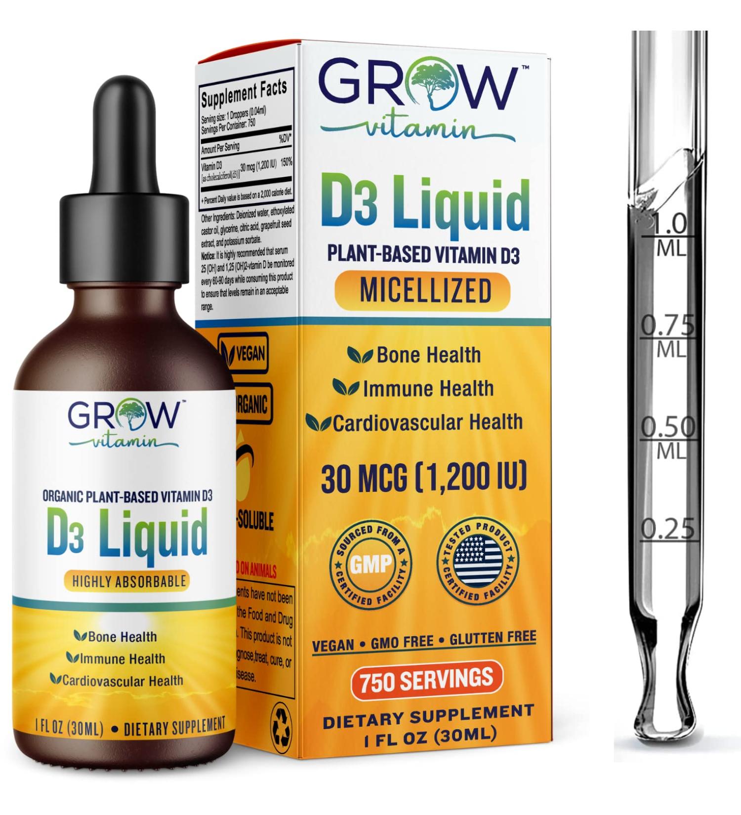 Plant-Based Micellized D3 Liquid 1200 IU for Children & Adults | Highly Absorbable Vitamin D3 Supplement for Bone, Cardiovascular & Immune Health - 750 Servings - Buy Online on GoSupps.com