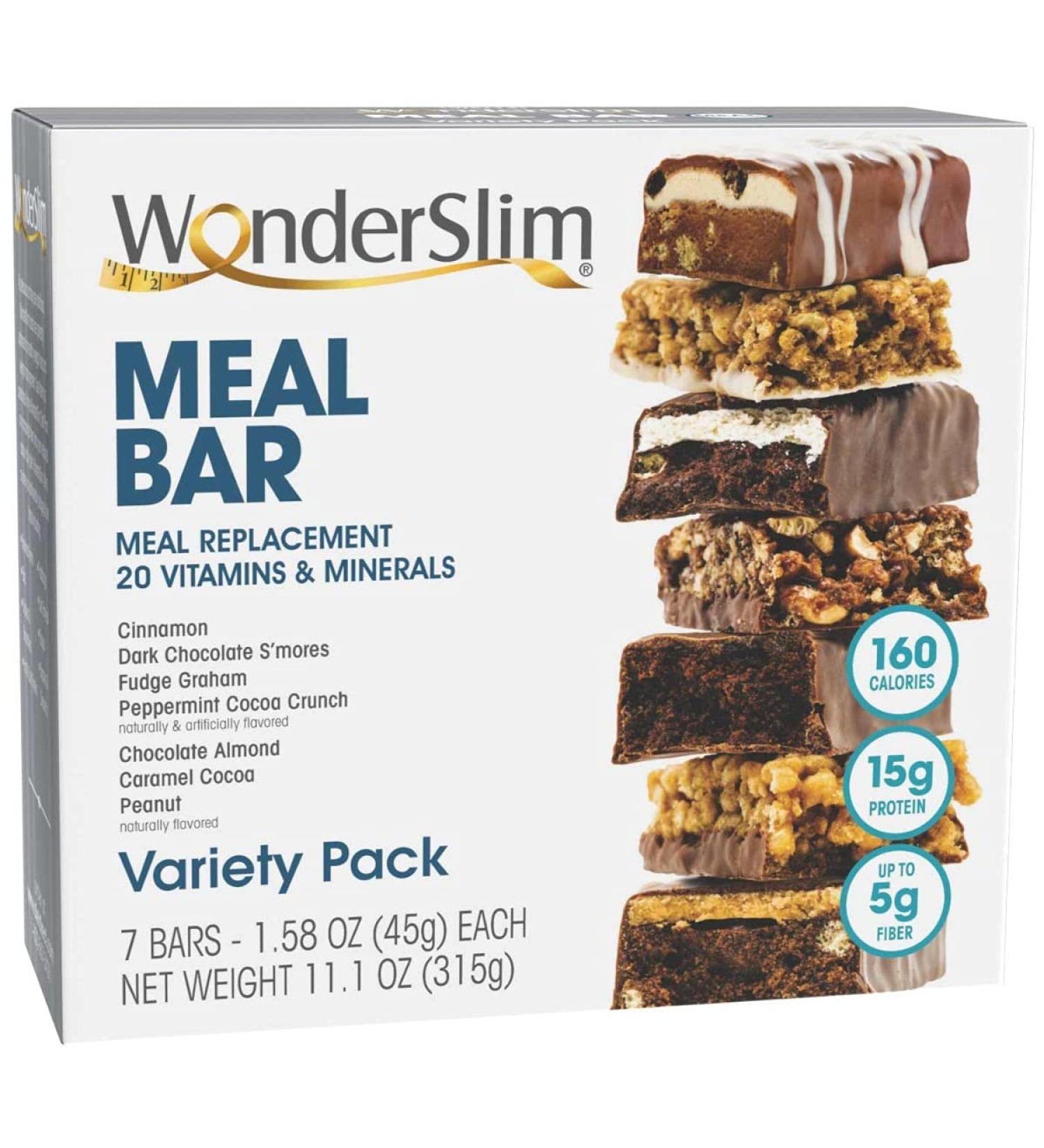 WonderSlim Meal Replacement Protein Bar Variety Pack - 7ct (1 Box) | 160 Calories | 15g Protein | Up To 5g Fiber - Buy Online on GoSupps.com