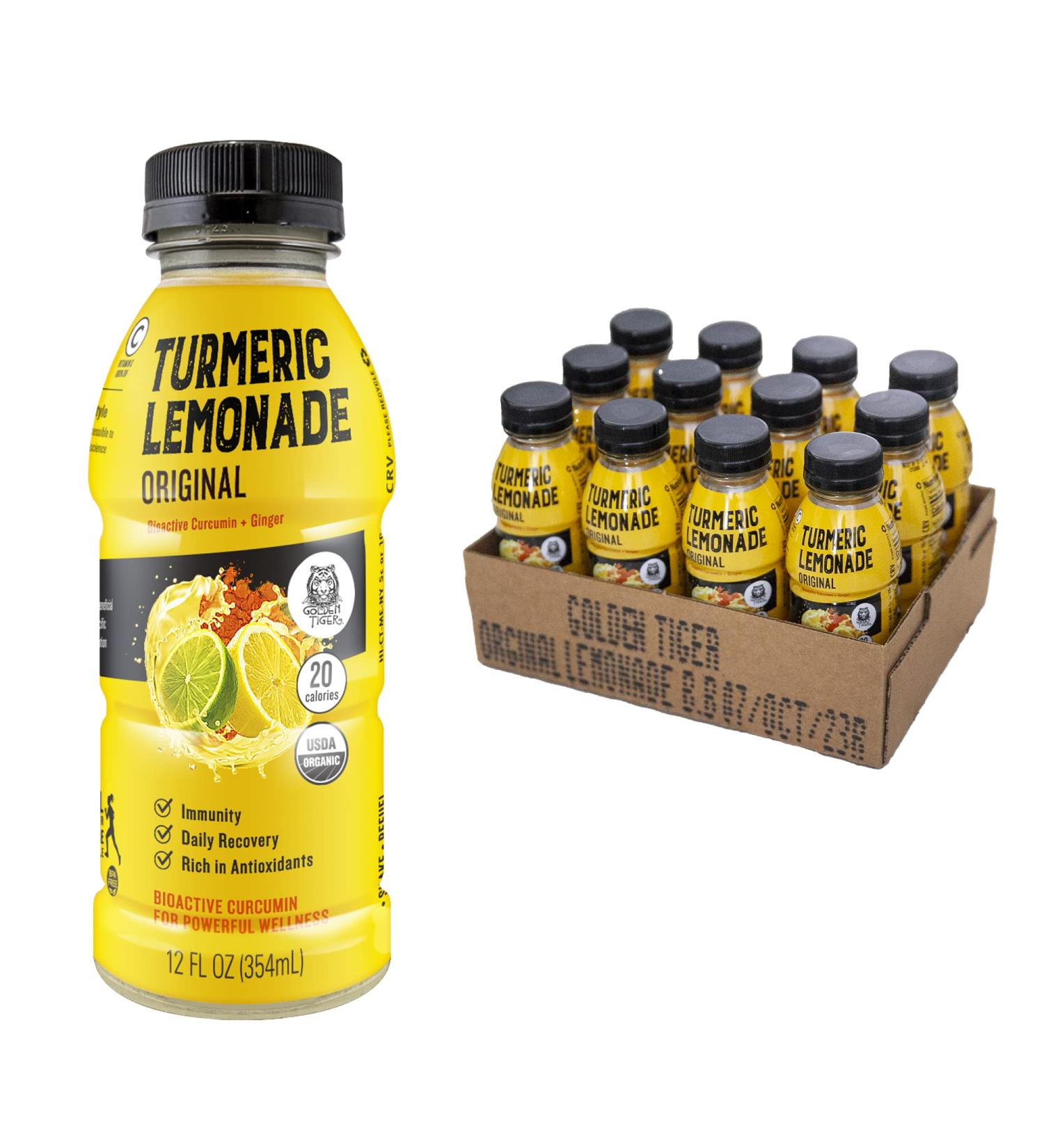 Organic Golden Tiger Turmeric Lemonade | Inflammation Relief & Immunity Support | Bio-Active Curcumin + Ginger | 12 Bottles - Plant Based Power - Buy Online on GoSupps.com