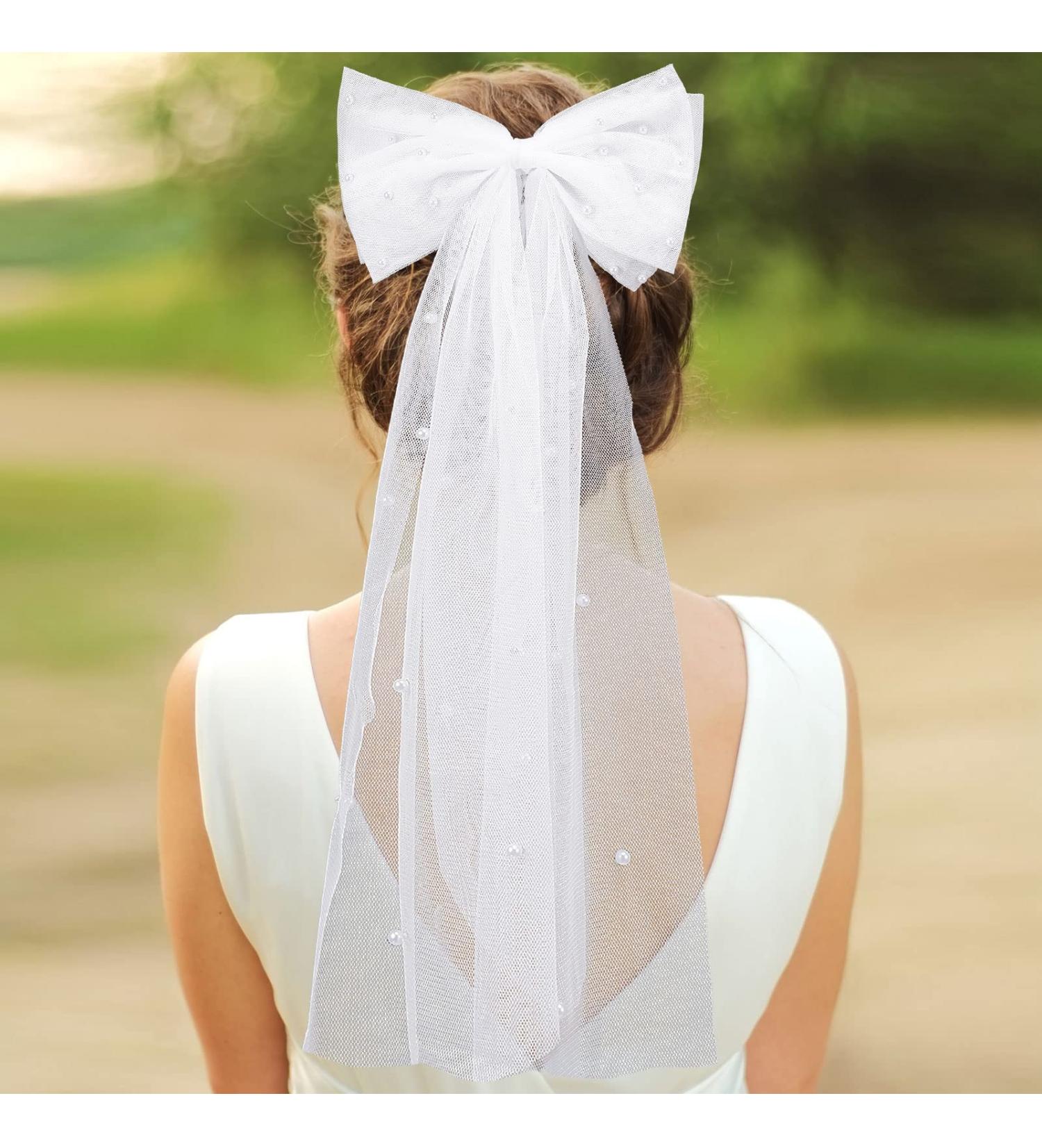 Juinte Bridal Hair Bow Veil Bachelorette Party Pearl Clip - White Blunt Edge Wedding Bride Accessories - Buy Online on GoSupps.com