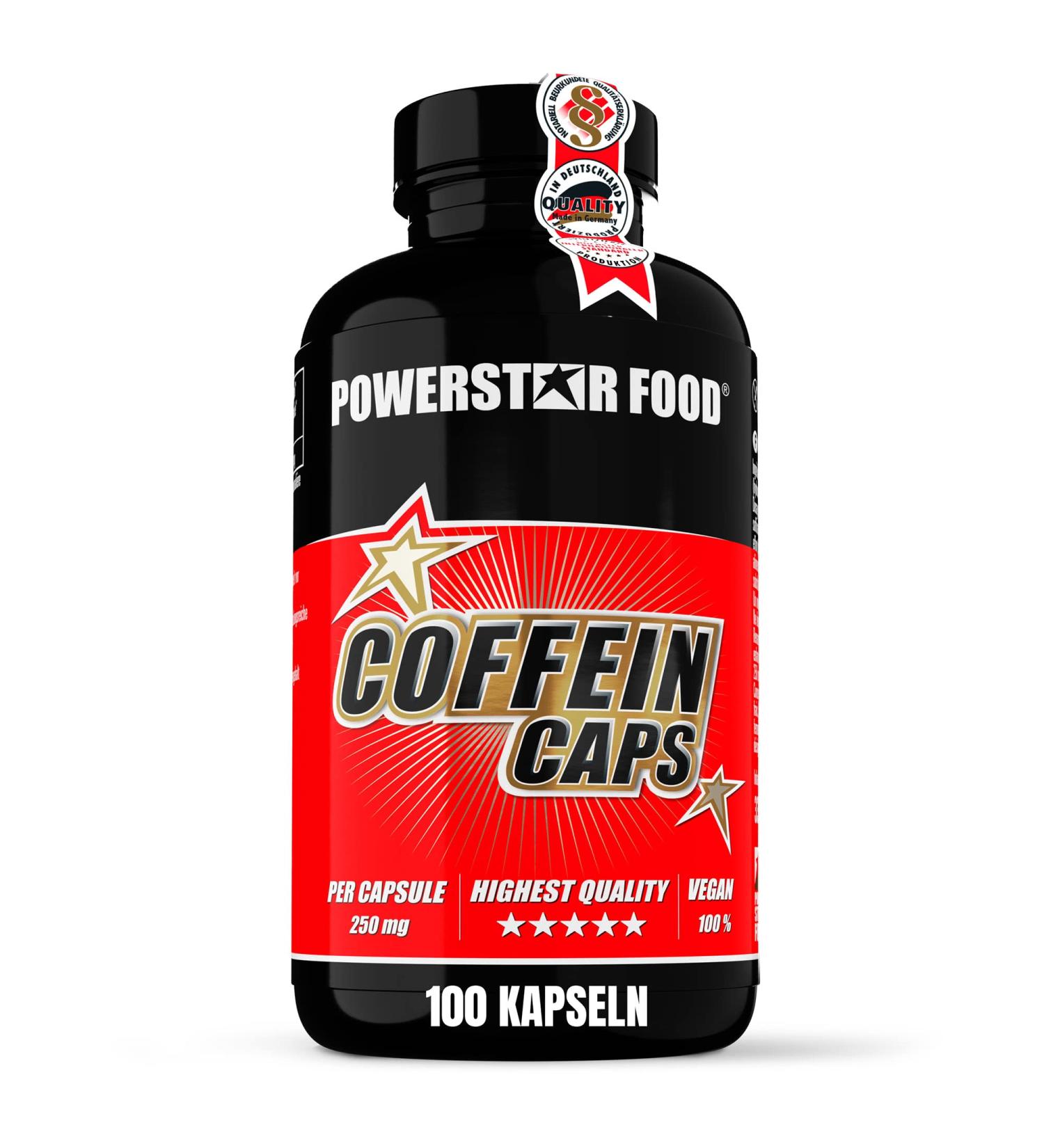 Powerstar Caffein Caps - 100 Vegan Capsules | 250mg Pure Caffeine | High Dose for Fitness Endurance & Focus | Sugar-Free | German Quality - Buy Online on GoSupps.com