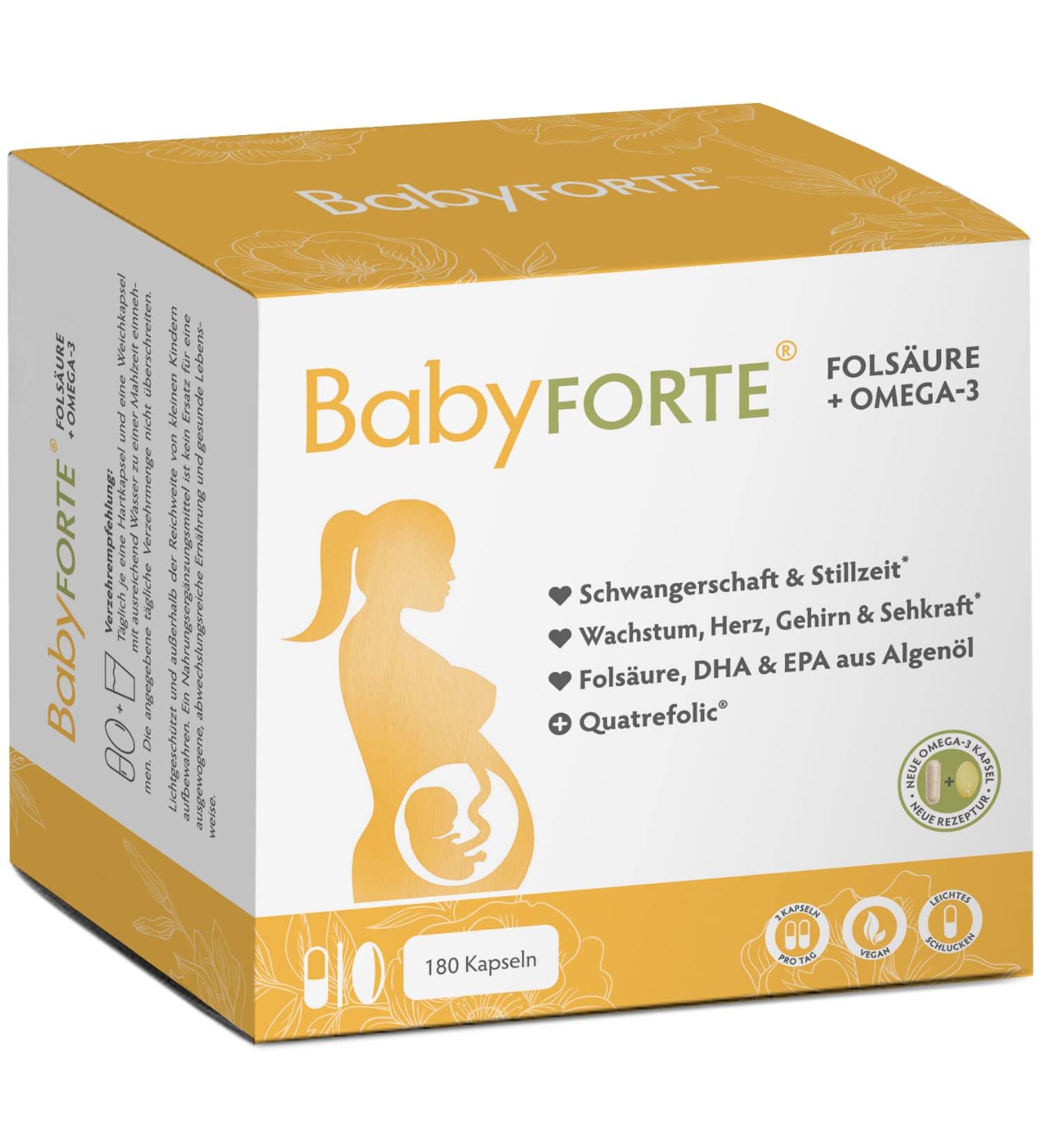 Baby Forte Folic Acid & Omega-3 Algae Oil | Vegan Pregnancy Vitamins | 180 Capsules | Quatrefolic Magnesium Iodine DHA EPA | Trimester Box - Buy Online on GoSupps.com
