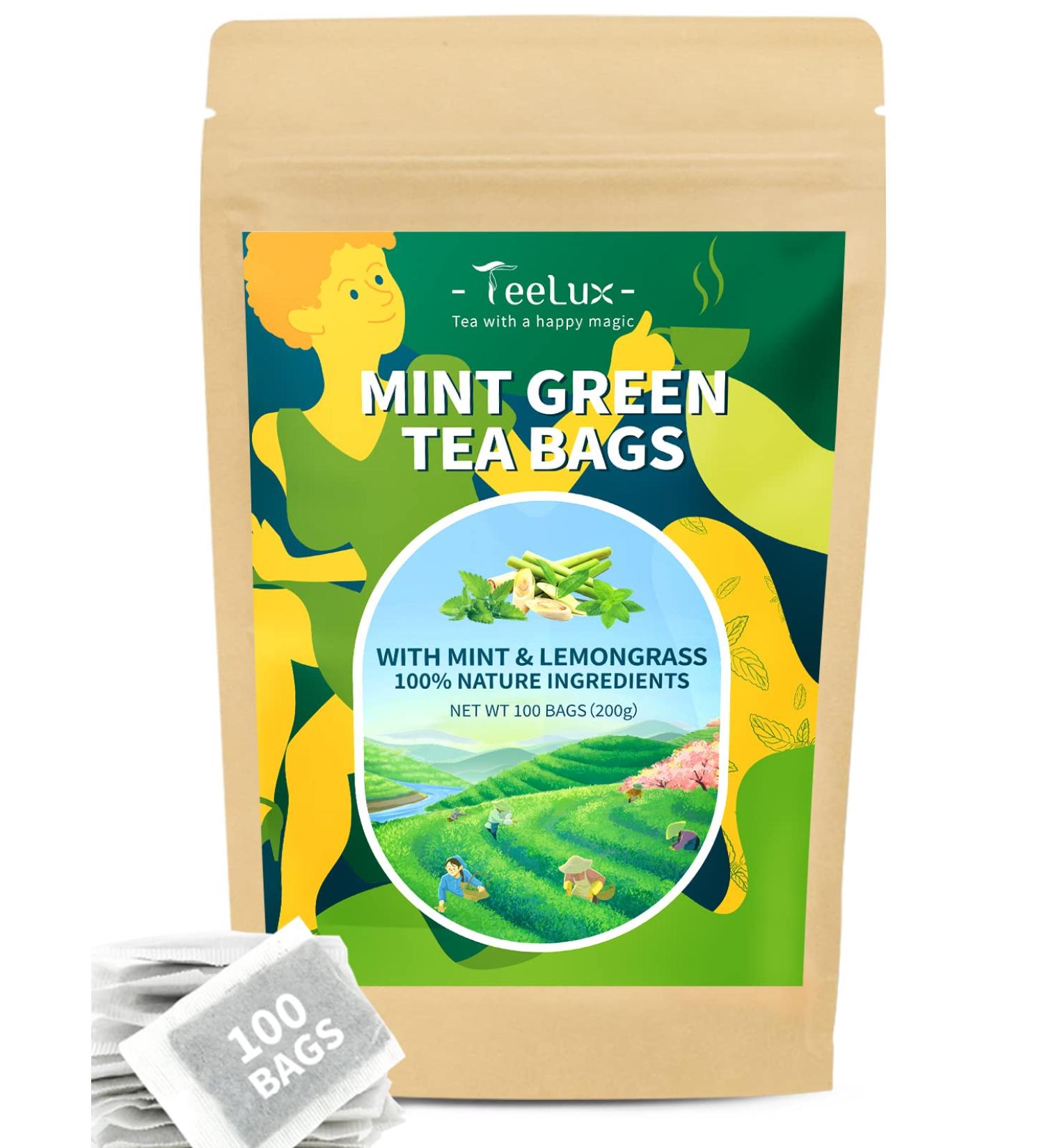 TeeLux Mint Green Tea Bags 100 Count - Refreshing 100% Natural Herbal Blend with Spearmint, Peppermint, Lemongrass, and Lemon Balm - Vibrant Mint Green Tea - Pack of 1 - Buy Online on GoSupps.com