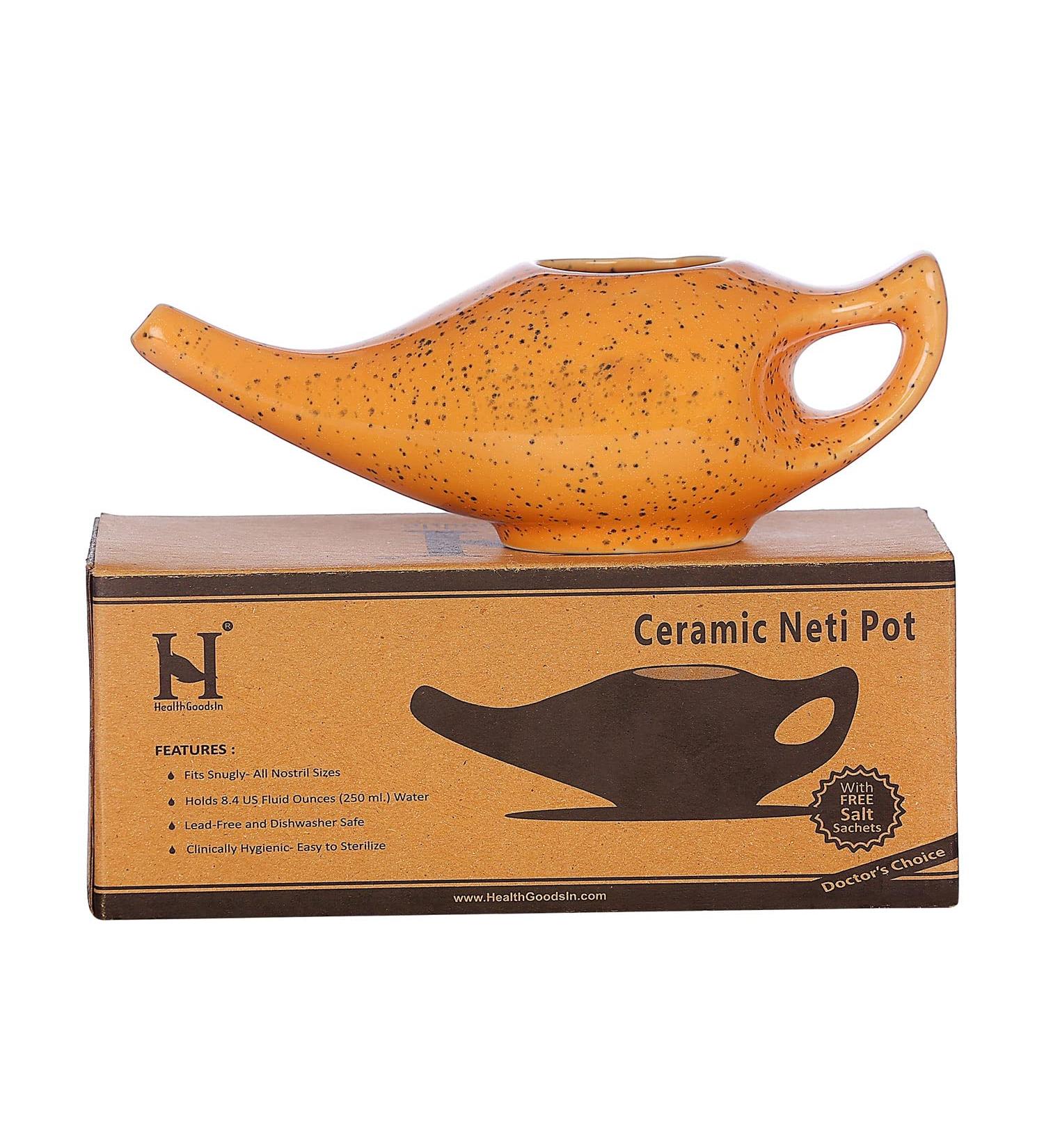 HealthGoodsIn Premium Ceramic Neti Pot with Salt - 225 Ml Freckle Pattern (Orange) | Sinus Relief Tool - Dishwasher Safe - Buy Online on GoSupps.com