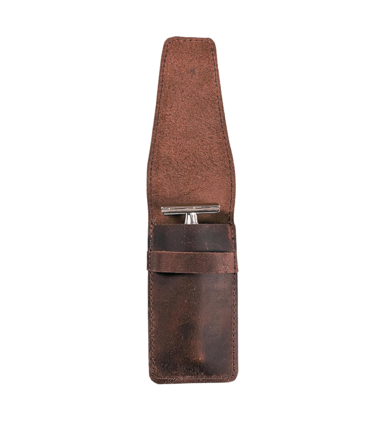 Leather Safety Razor Case | Handmade Brown Leather Shaving Accessories | Travel-Ready Straight Safety Razor Case | Double Edge Razor Essentials - Buy Online on GoSupps.com