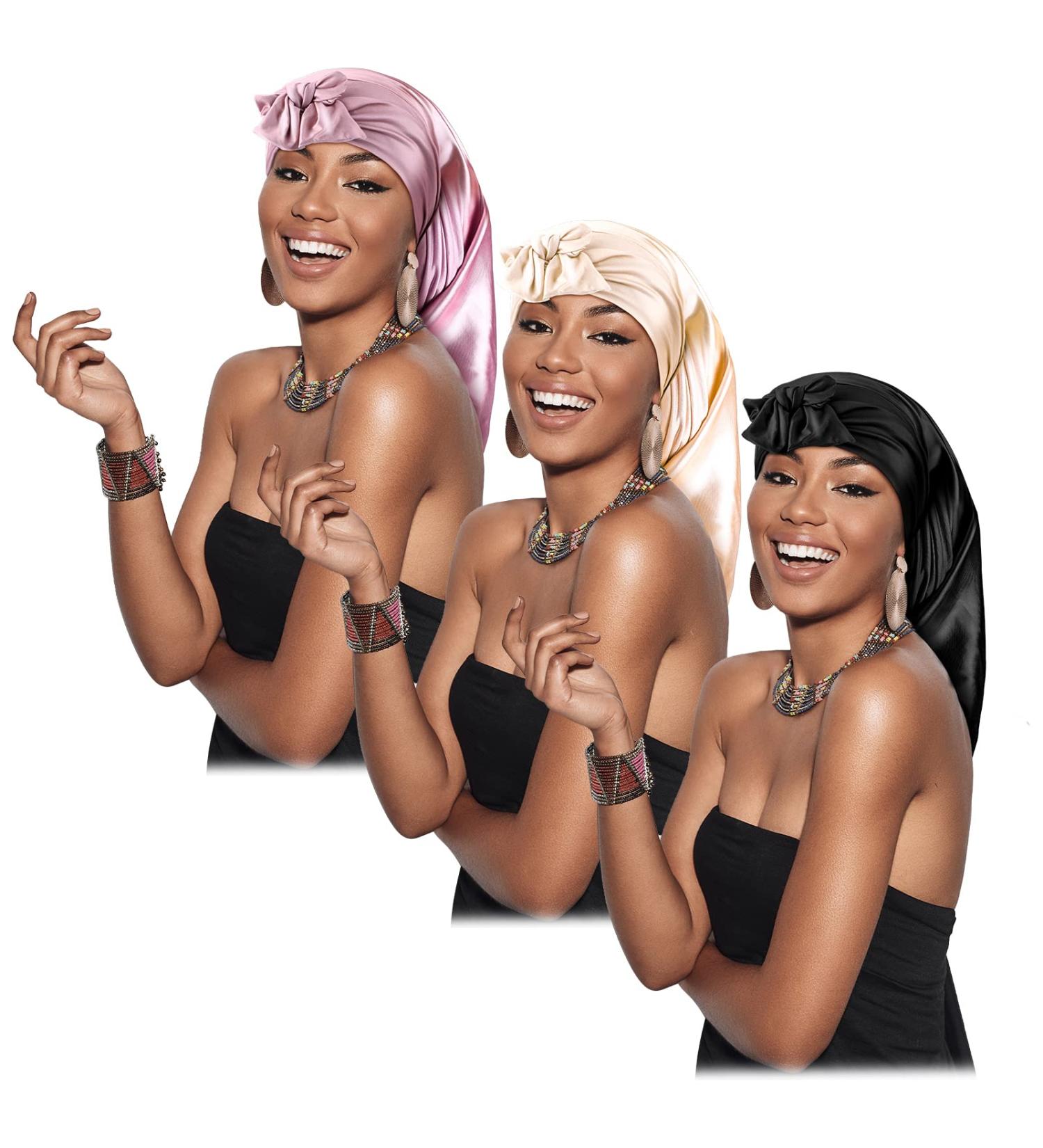 Leumoi 3 Pcs Long Satin Hair Bonnet Set | Soft Elastic Band | Silky Sleeping Cap for Braids & Curly Hair | Adjustable & Double Layer Design | Black, Champagne, Rose Gold - Buy Online on GoSupps.com
