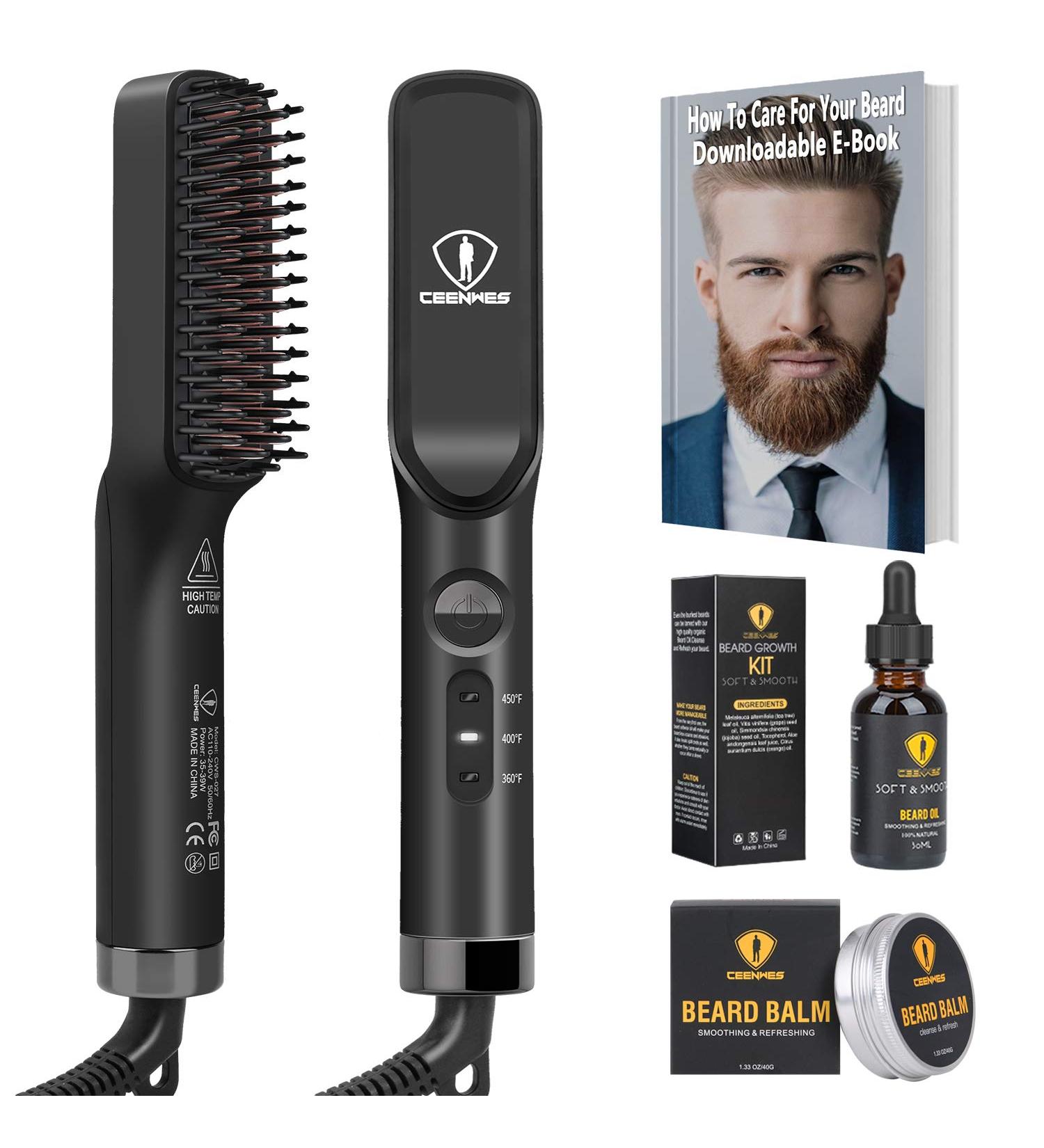 Ceenwes 3 in 1 Professional Beard Straightener with Beard Oil & Balm - Portable Hair Straightener Brush for Men & Women - Beard Straightening Comb Gift - Buy Online on GoSupps.com