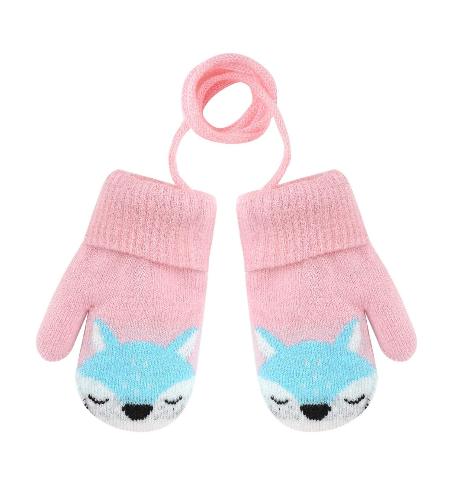 Cute Fox Knitting Winter Gloves for Toddler Kids | Thermal Plush Lining | 1-3 Yrs | Pink - Buy Online on GoSupps.com
