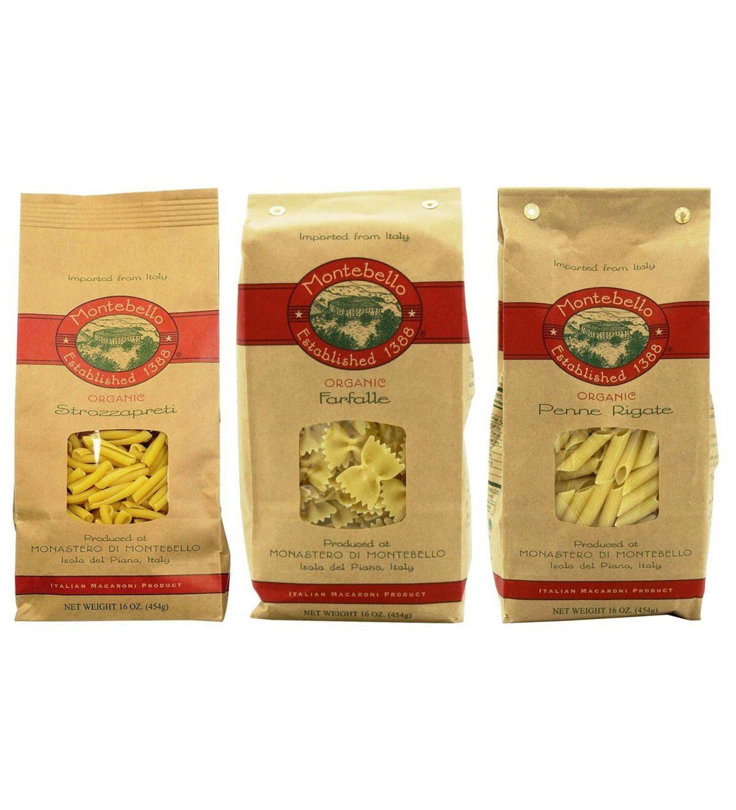 Montebello Organic Italian Pasta Variety Bundle - Strozzapreti, Farfalle, Penne Rigate - 16 Oz. Ea - Buy Online on GoSupps.com