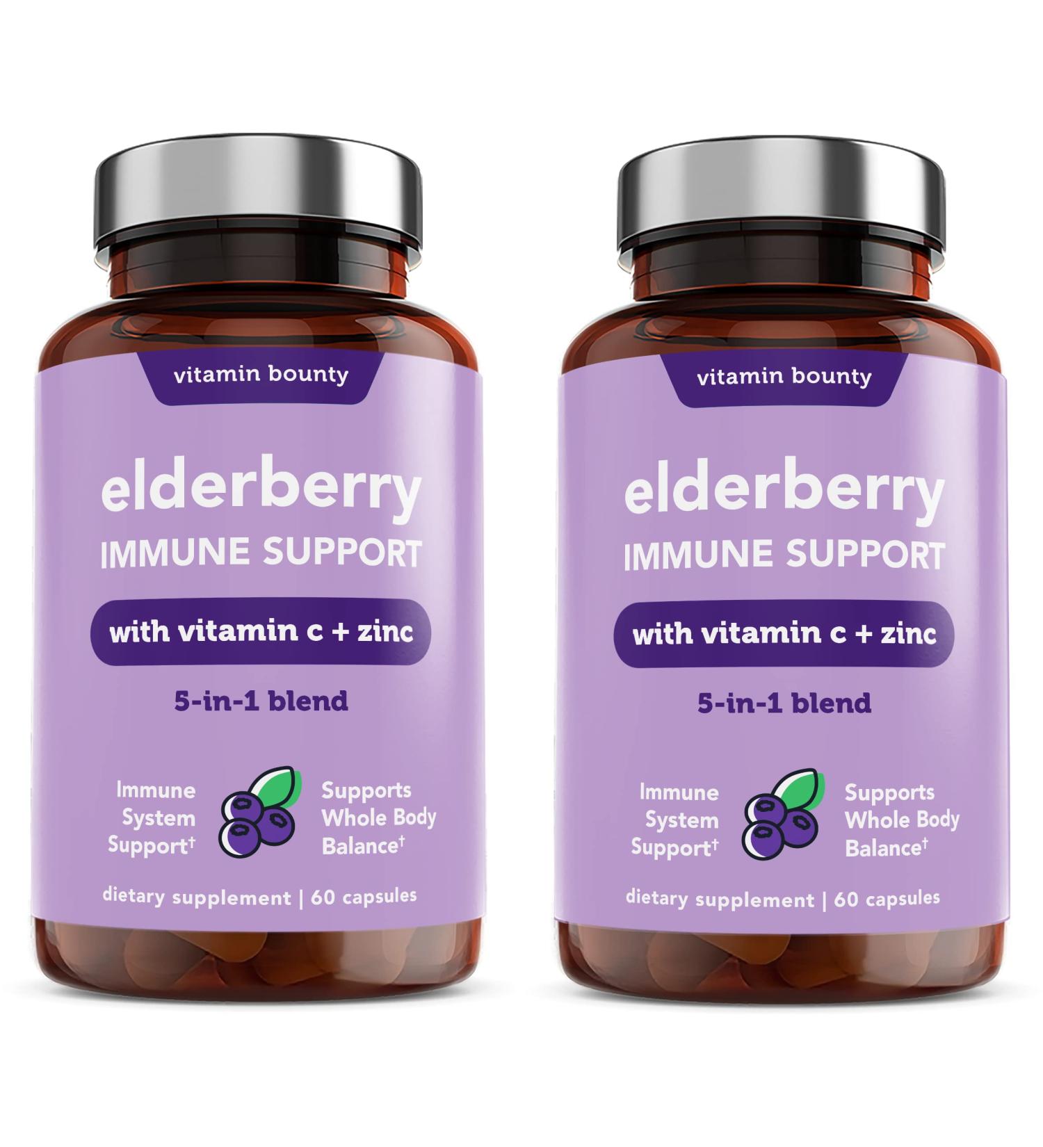 Vitamin Bounty Elderberry Immune Support - with Zinc, Vitamin C & Echinacea, Advanced 5-in-1 Blend, Powerful Antioxidant, Supports Whole Body Balance, Non-GMO - 60 Capsules, 2 Pack 60 Count (Pack of 2) - Buy Online on GoSupps.com