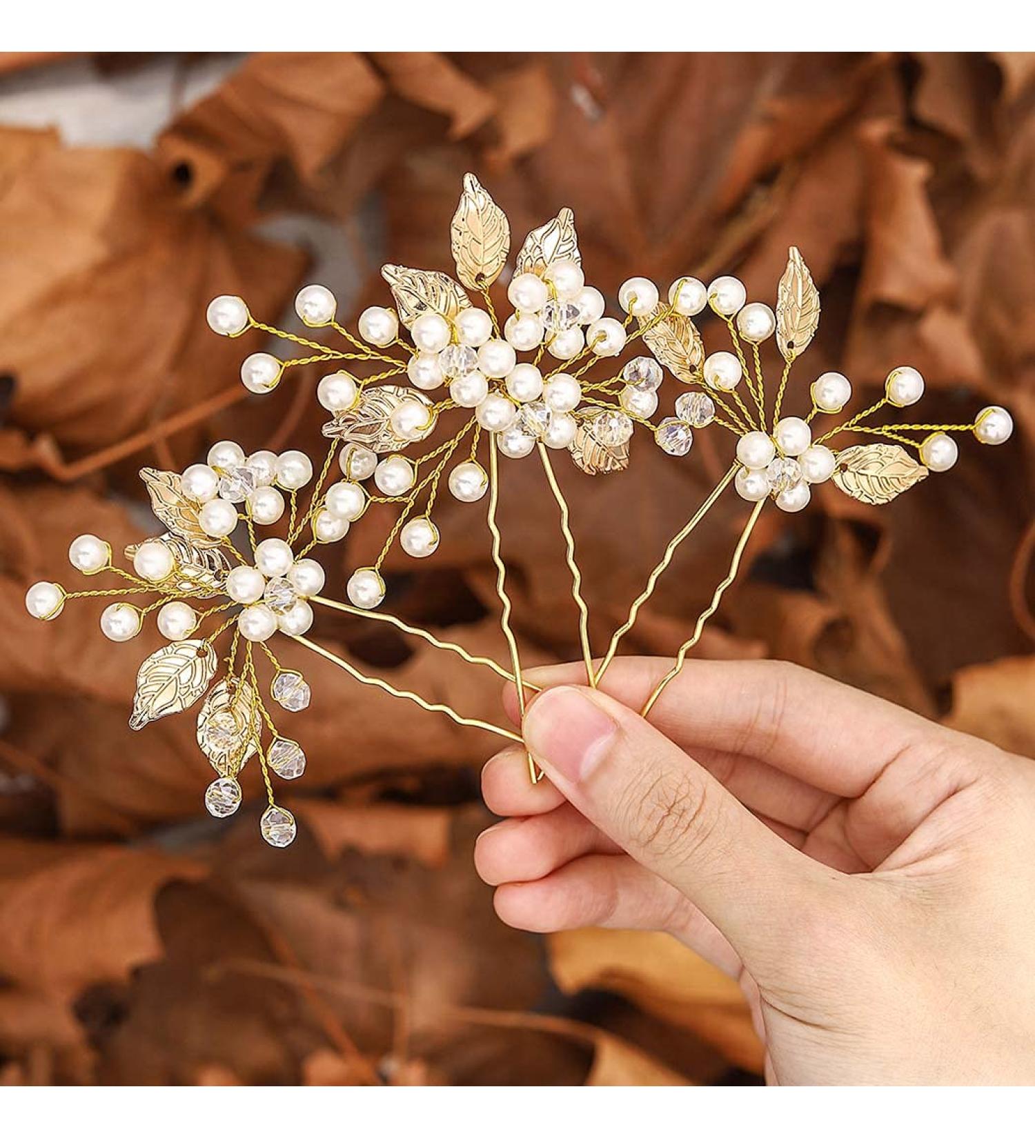 Gorais Pearl Bride Wedding Hair Pins - Leaf Bridal Hair Pieces Rhinestone Hair Clips (Pack of 3) - Gold Accessories for Women and Girls - Buy Online on GoSupps.com