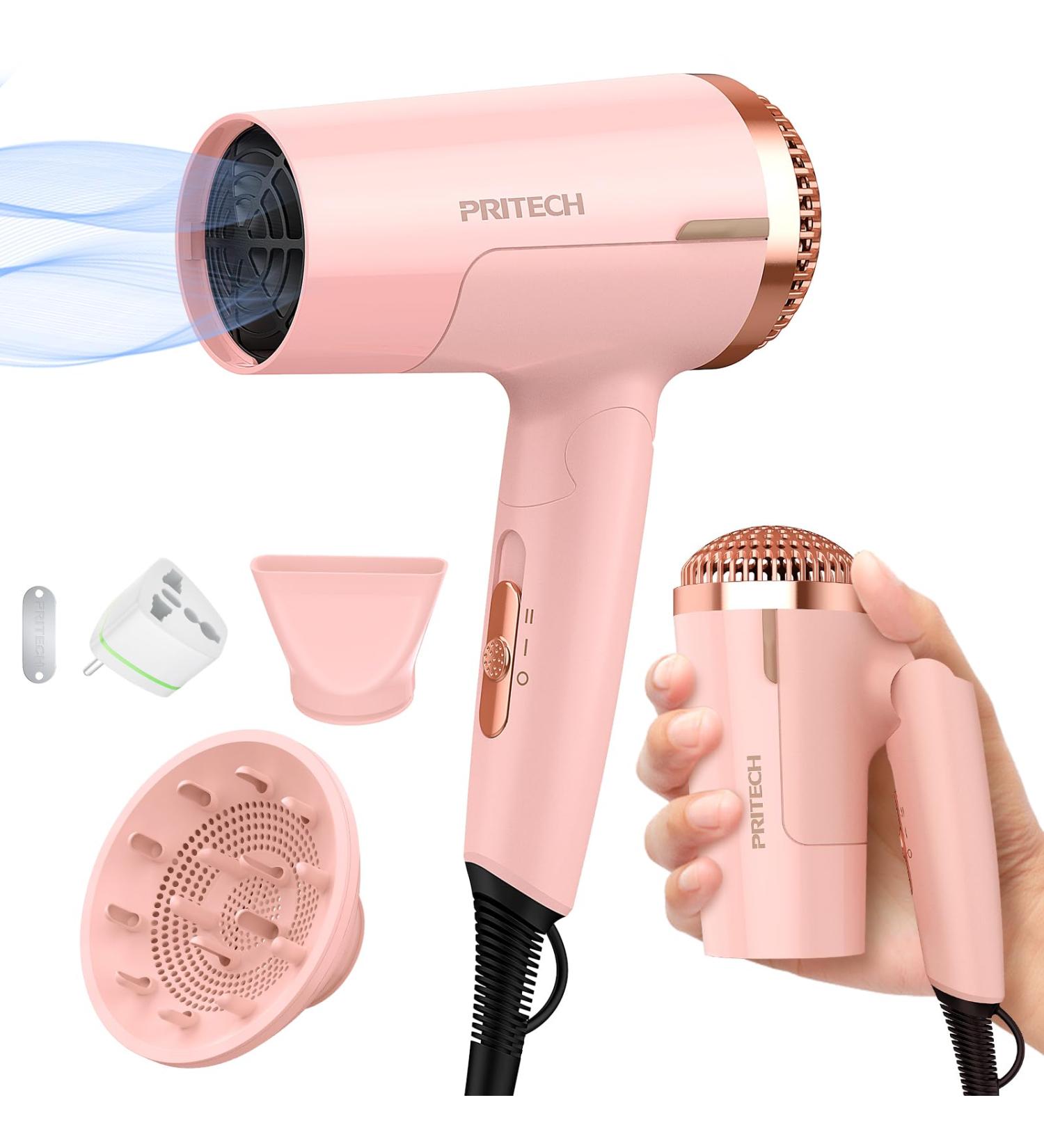 PRITECH Dual Voltage Hair Dryer with Diffuser | 1200W Compact & Foldable | ALCI Safety Plug | Pink 7-Piece Set International Shipping Available - Buy Online on GoSupps.com